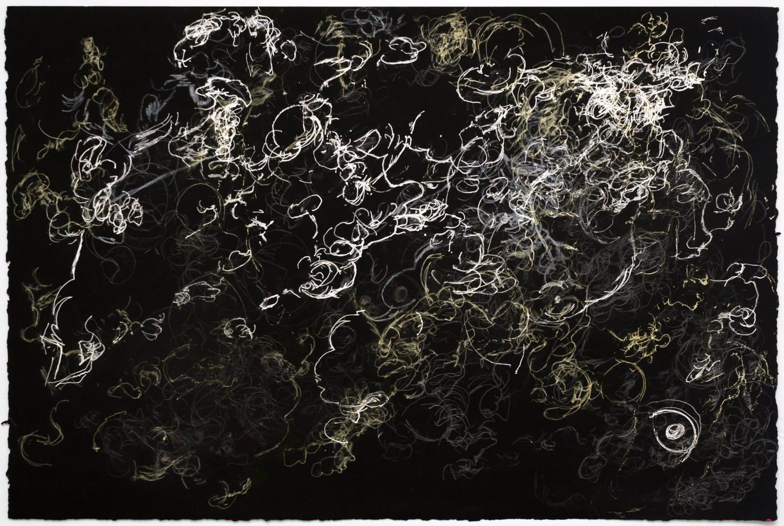 Abstract ink drawing with white and gray linear marks creating swirling, organic forms against a dark background