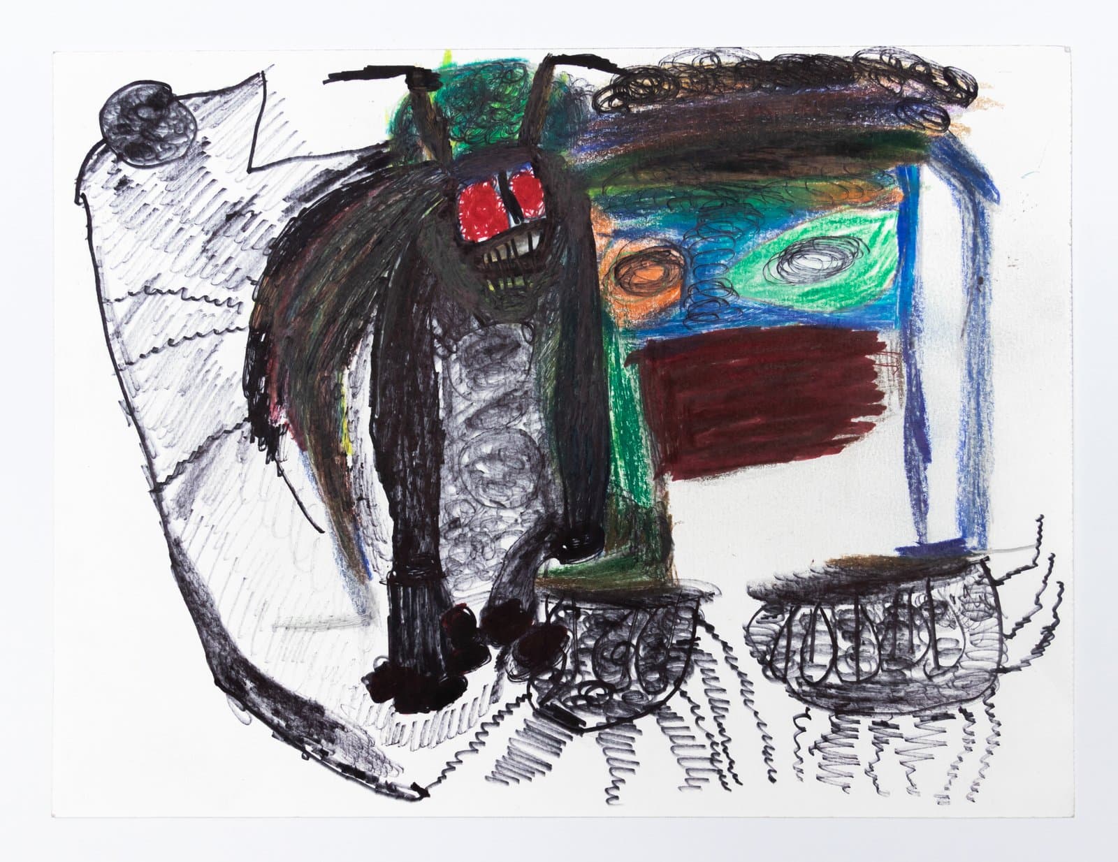 Mixed-media drawing in pastel and ink featuring a dark central figure with red eyes beside a colorful angular face-like form on white paper.