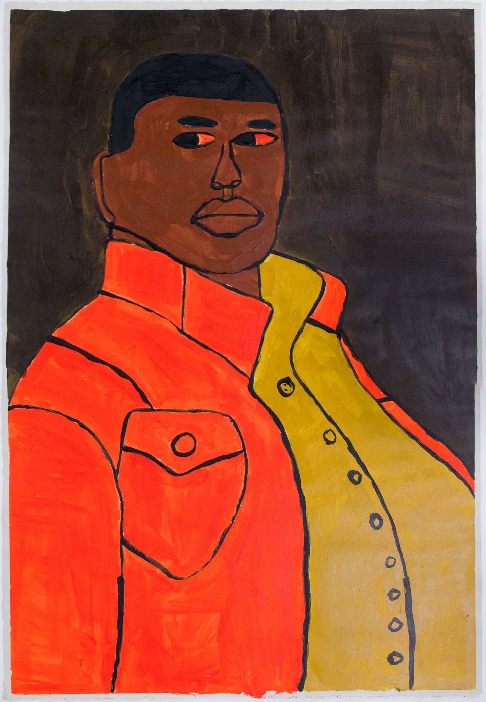Figurative acrylic painting of a person in a bright orange jacket with yellow lapels against a dark brown background.