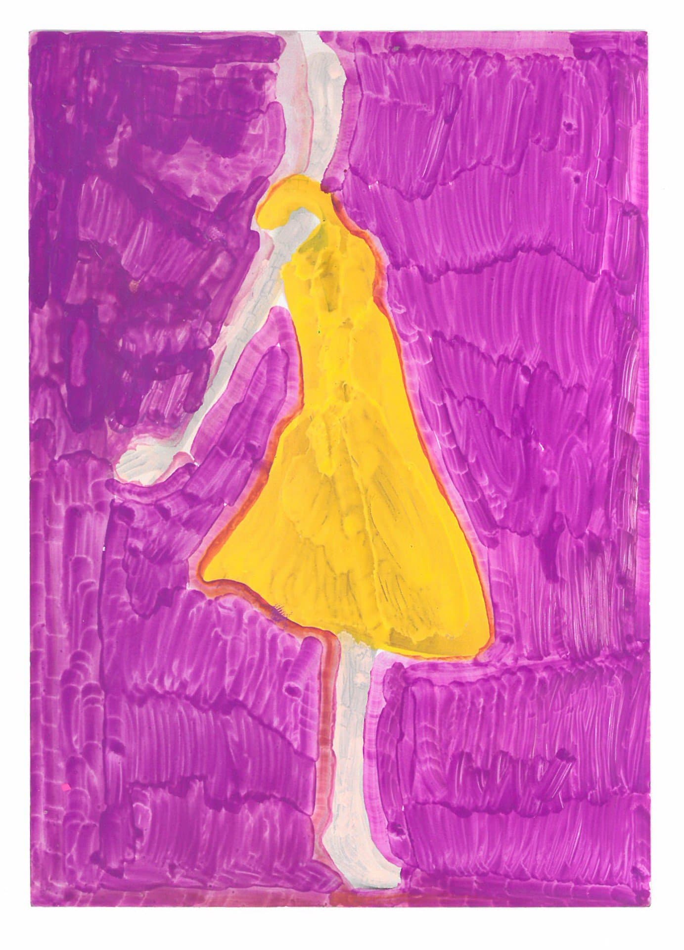Acrylic painting on photograph showing a yellow figure against vibrant purple background with visible brushstrokes