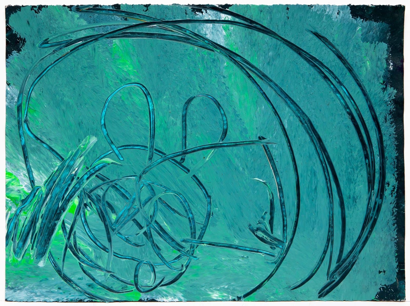 Abstract acrylic painting with swirling circular forms and linear elements in turquoise and green tones on paper.