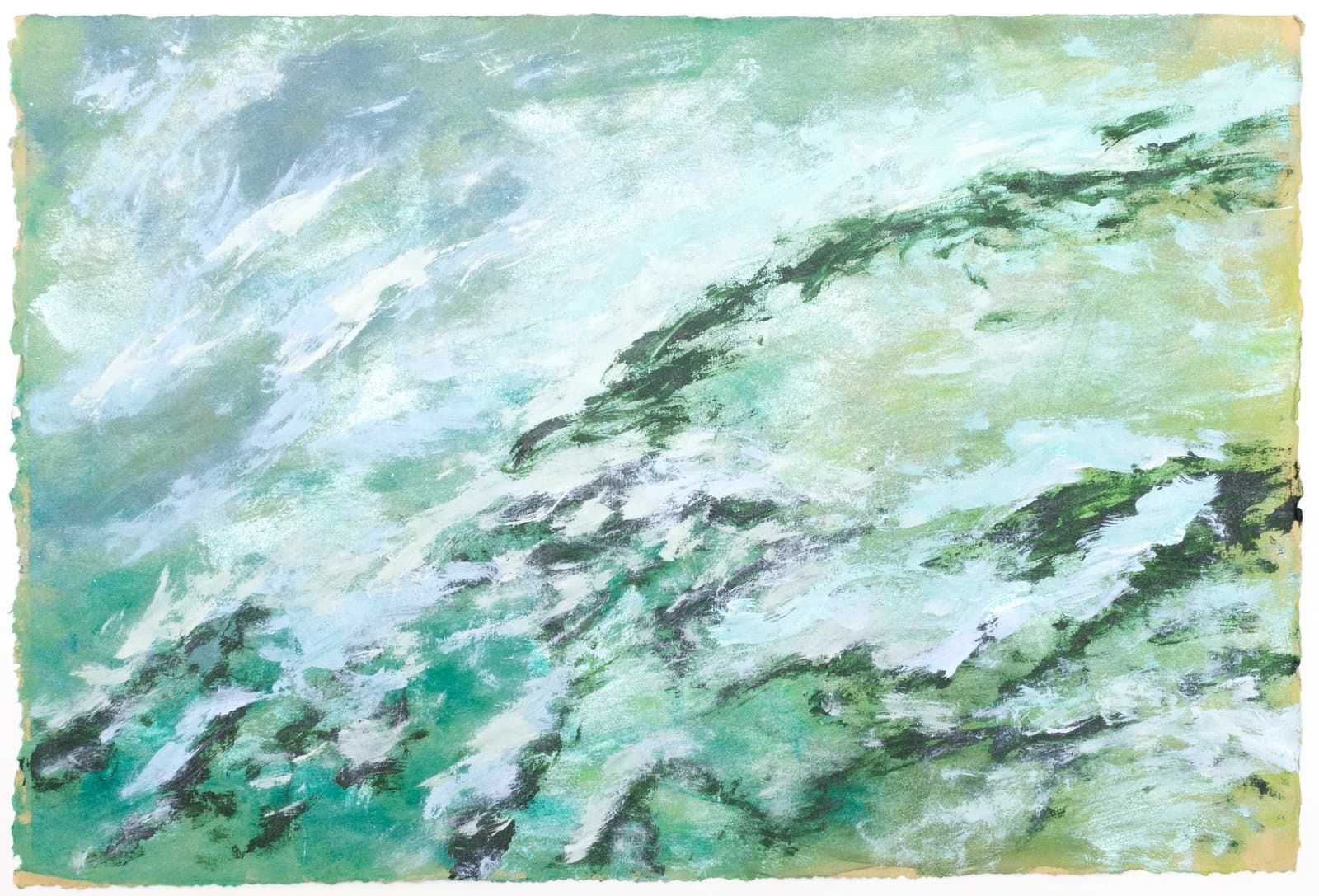 Abstract painting in pastel and paint depicting swirling water or waves in shades of green, white, and teal on paper.