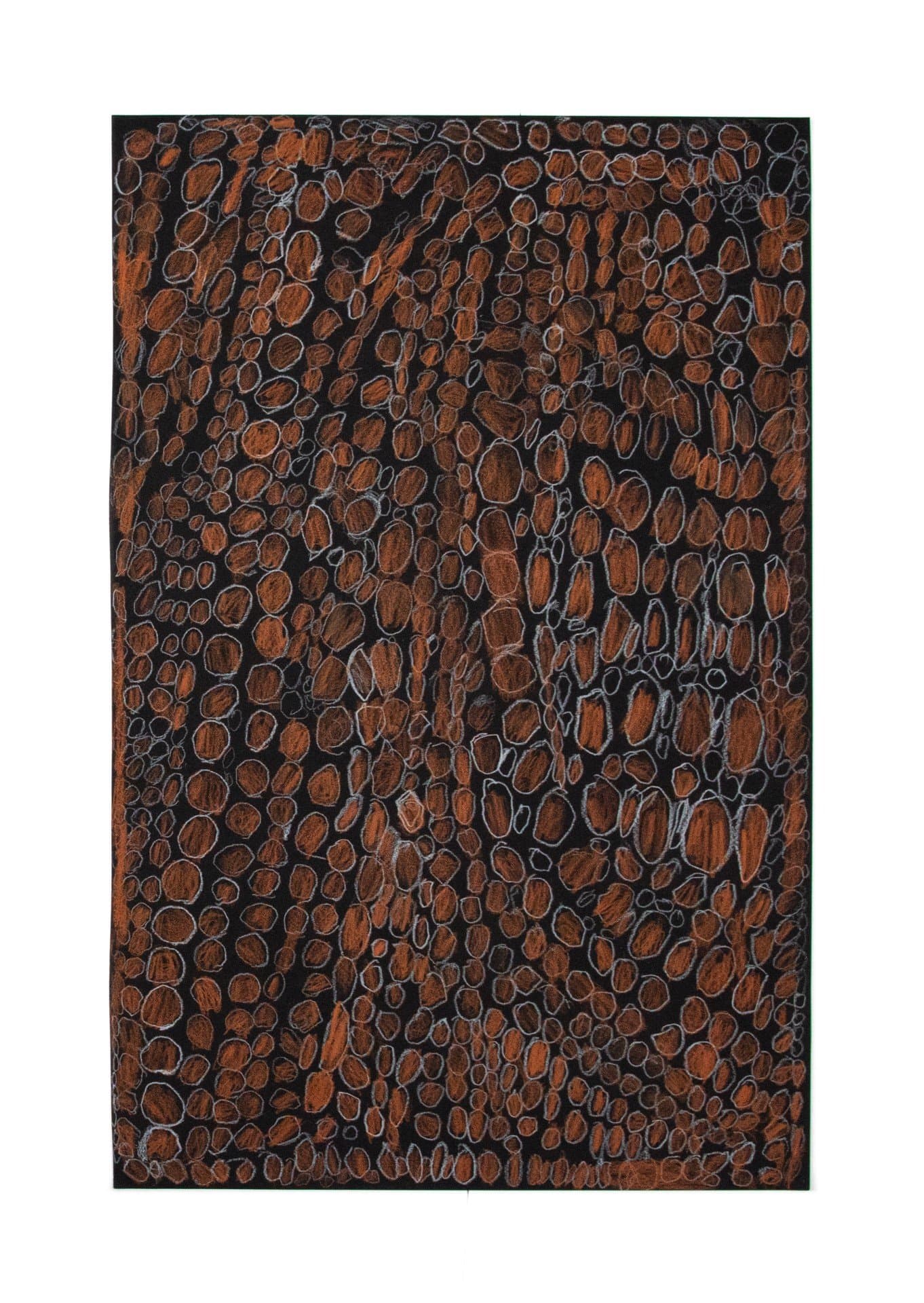 Abstract drawing in colored pencil with hundreds of small oval forms in orange and brown tones on dark paper.