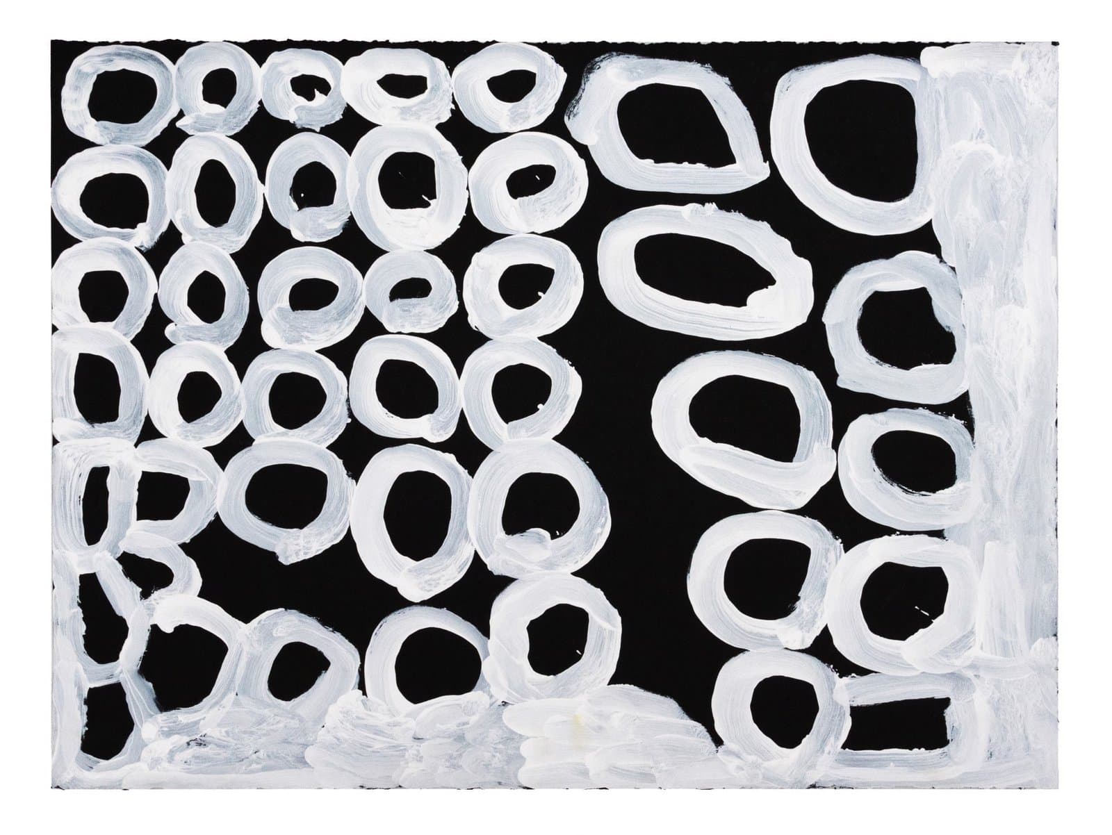 Abstract painting with white circular and oval shapes on black background, acrylic on paper.