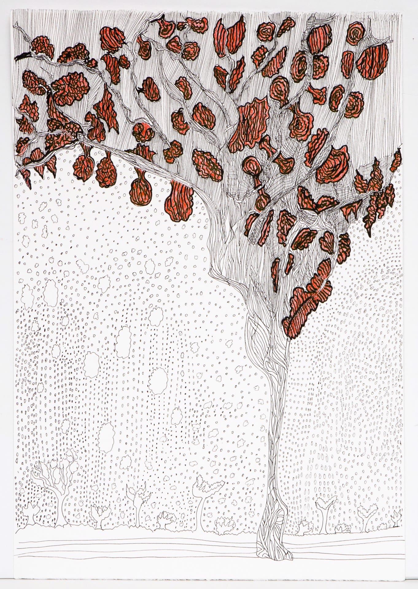 Pen drawing of a tall tree with red autumn foliage against a dotted background on white paper.