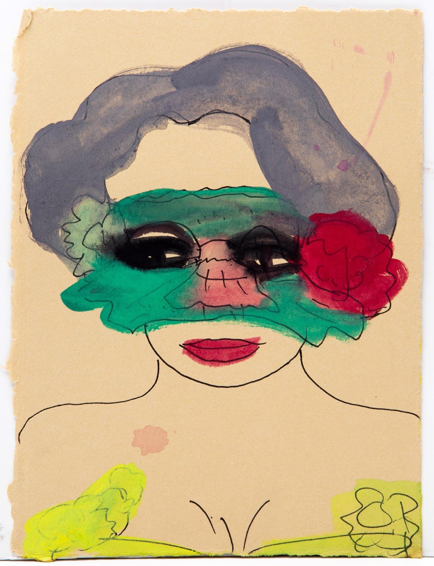 Portrait drawing in watercolor and ink of a figure with gray hair, green face covering, and red lips on cream paper.