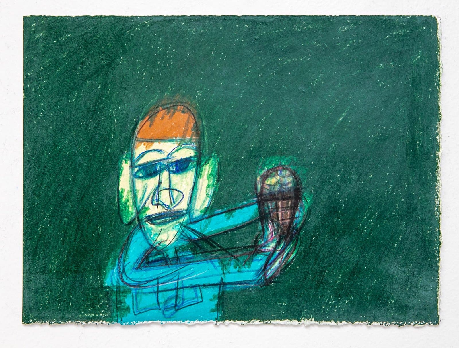 Drawing in colored pencil showing a figure with orange hair and blue sunglasses holding an object on dark green paper.