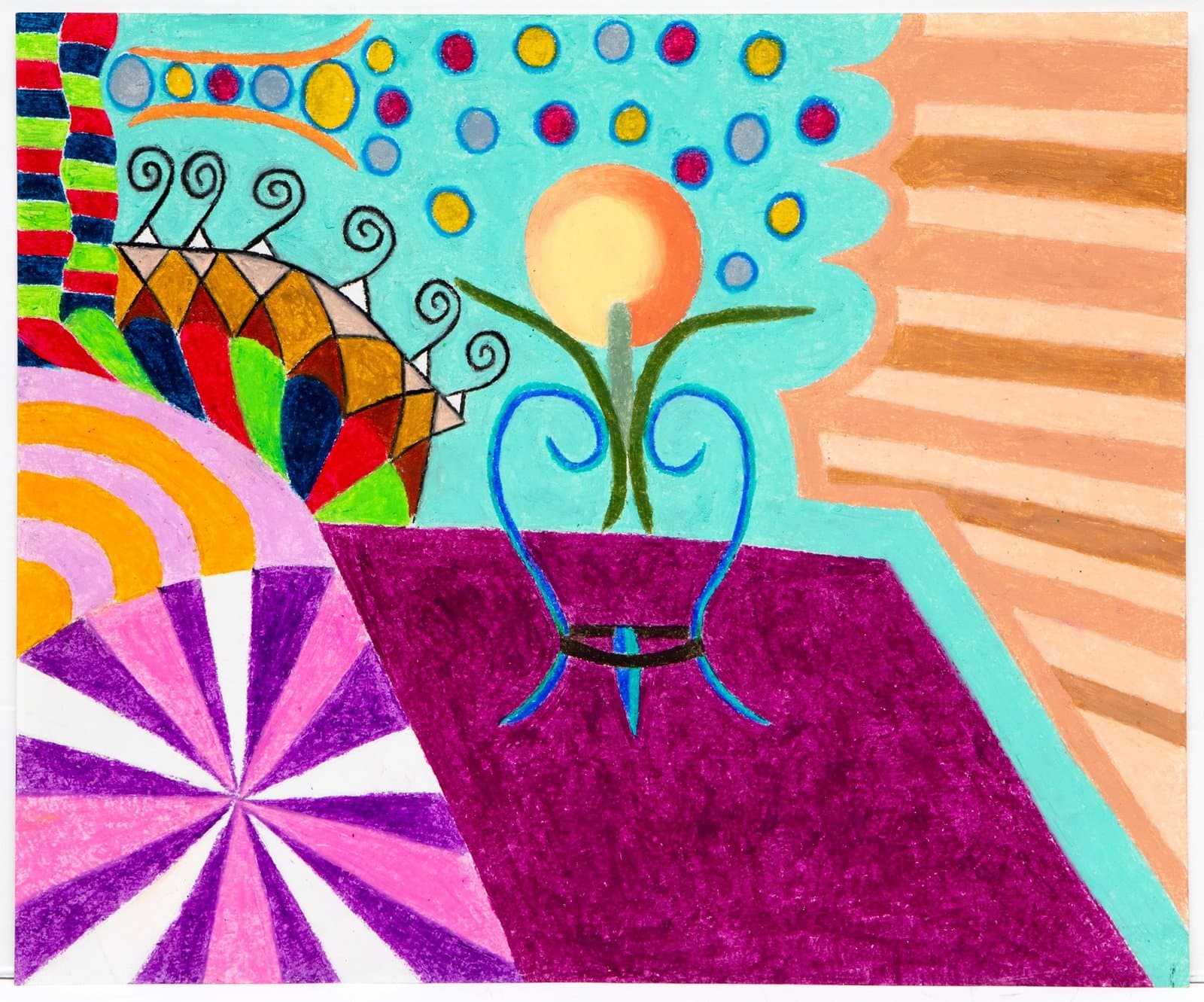 Mixed media artwork with colorful geometric patterns, decorative border, and central plant motif on bright background