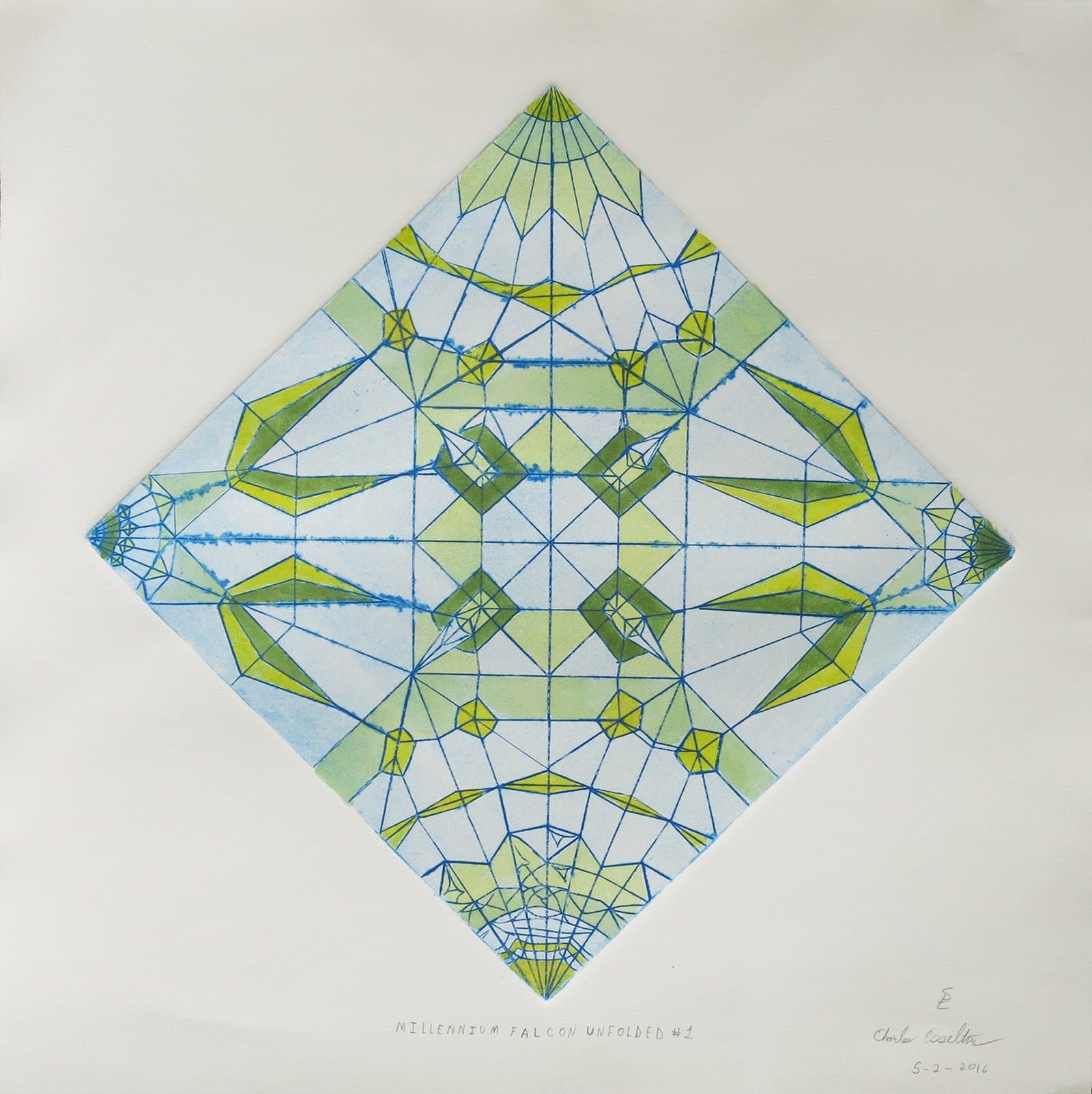 Diamond-shaped geometric drawing with intricate blue and green linear patterns on white paper