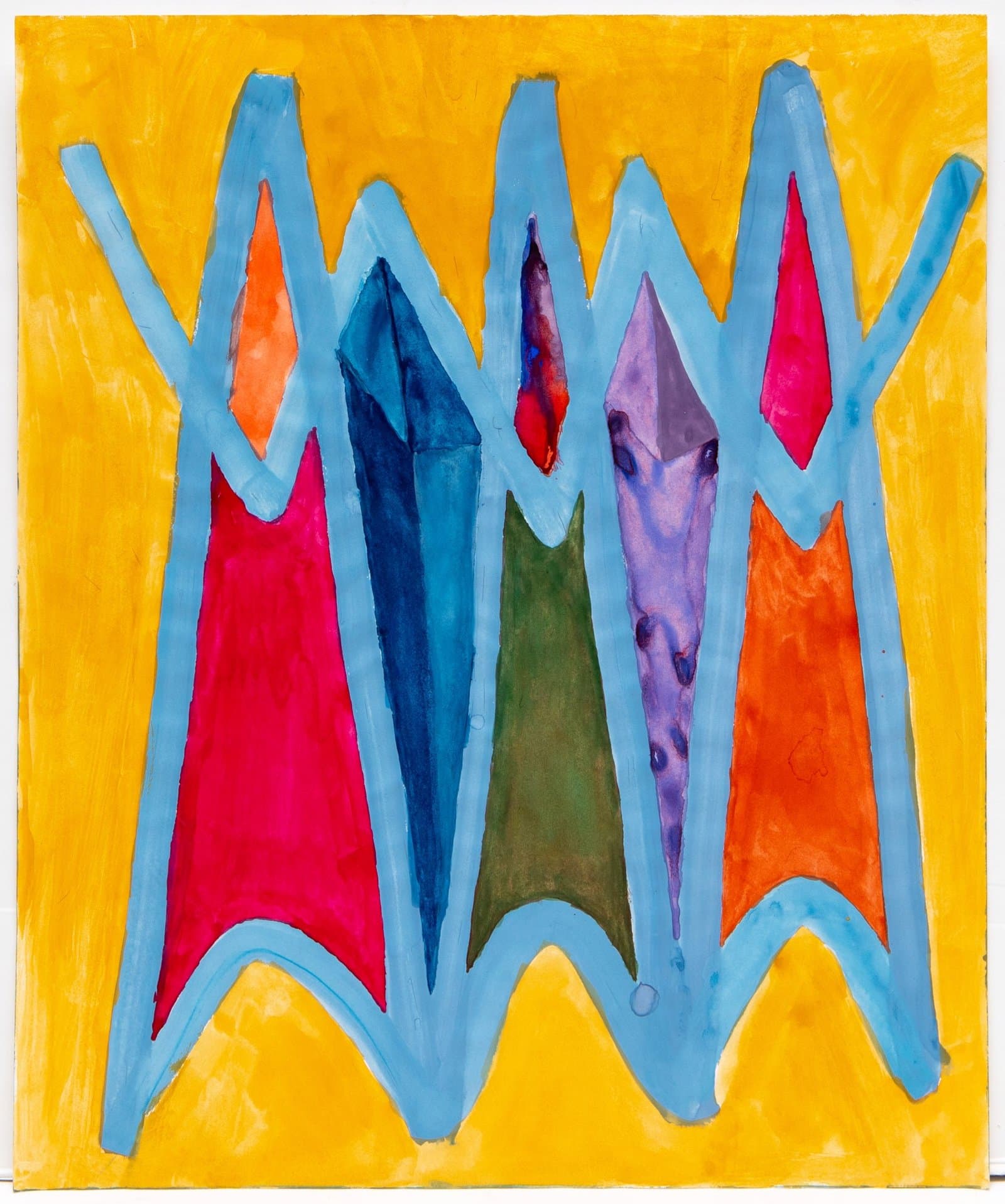 Abstract watercolor painting with blue tree-like forms containing colorful shapes on yellow background