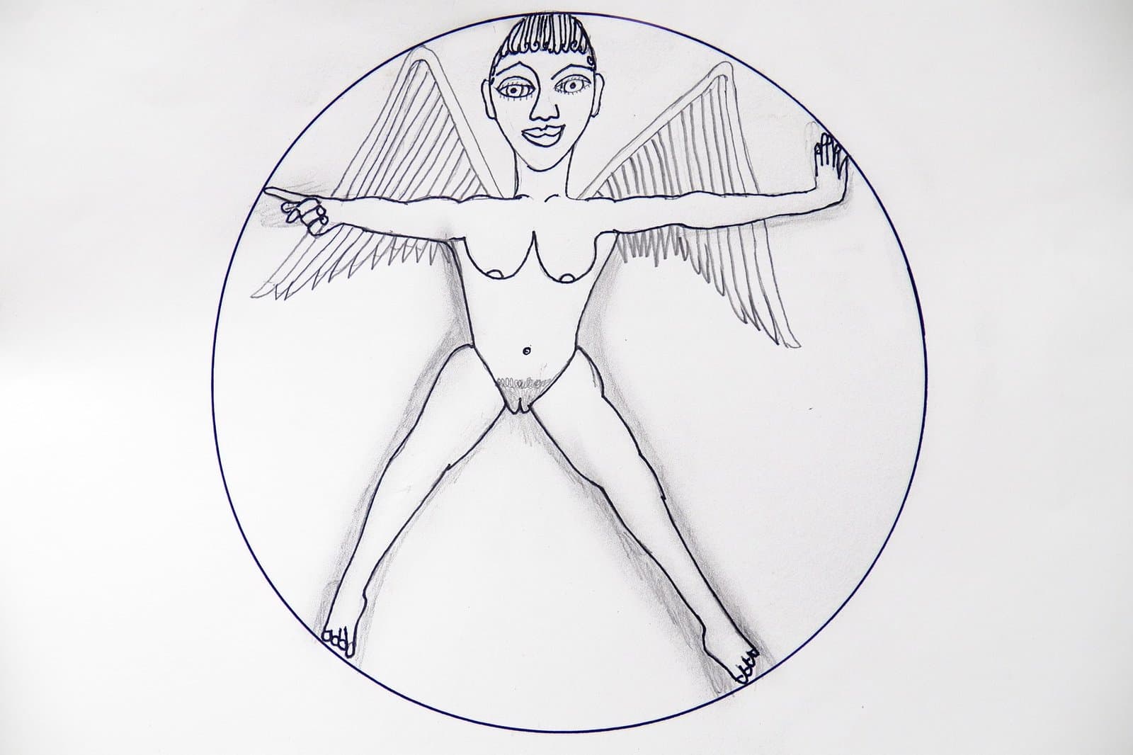 Pen and ink drawing of a nude winged figure with arms outstretched inside a circle on white paper