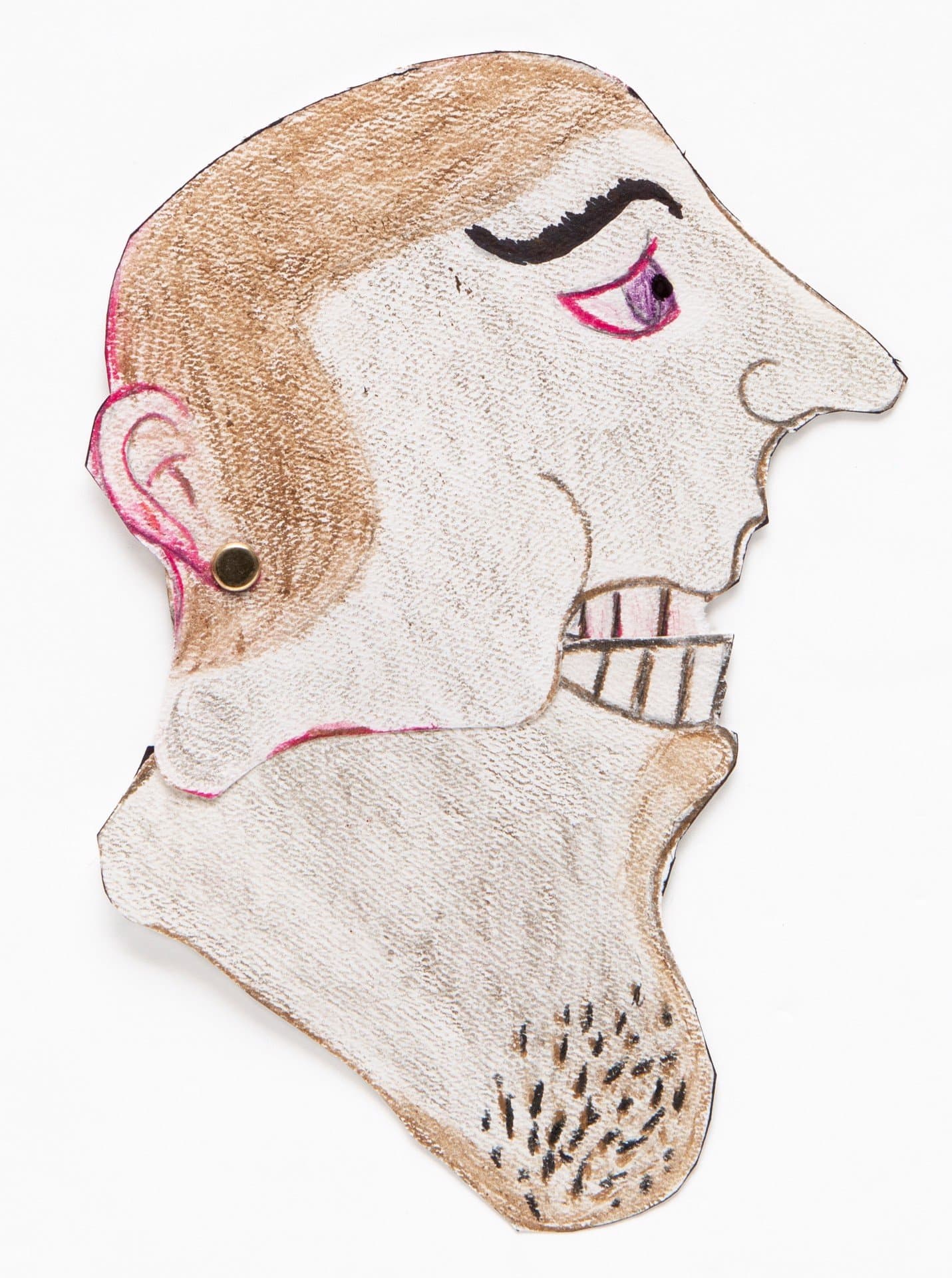 Cut-out drawing of a profile portrait showing a figure with short hair, colored pencil and ink on paper