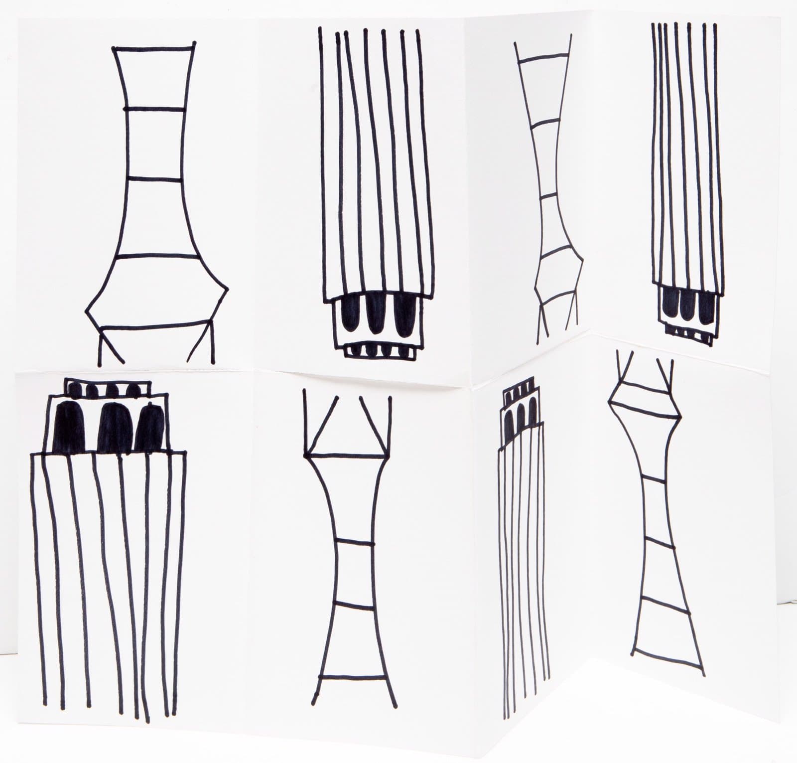 Line drawing in black marker showing six geometric column-like structures with vertical lines and angular segments on white paper.