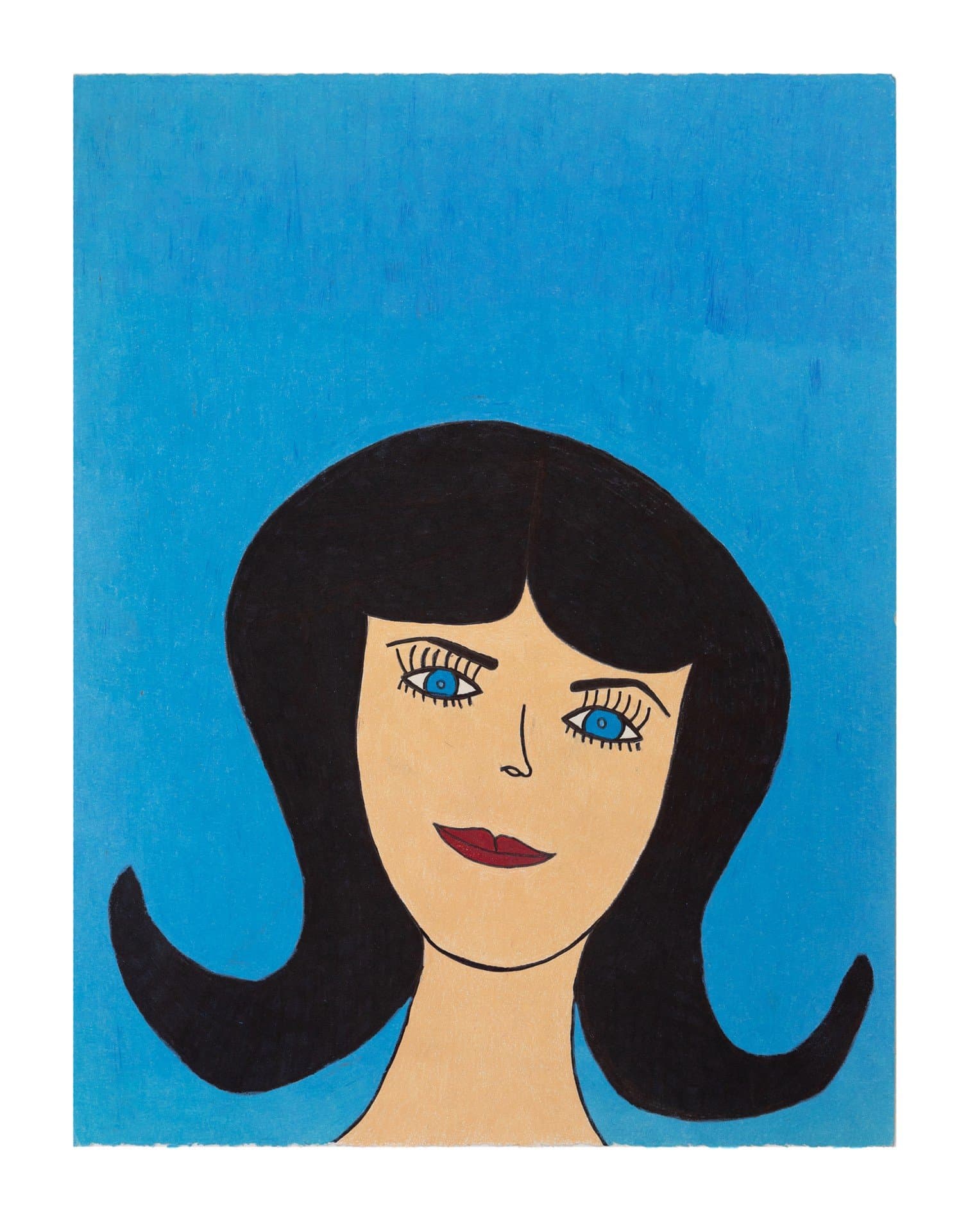 Portrait drawing in colored pencil showing a woman with black hair and blue eyes against a bright blue background.