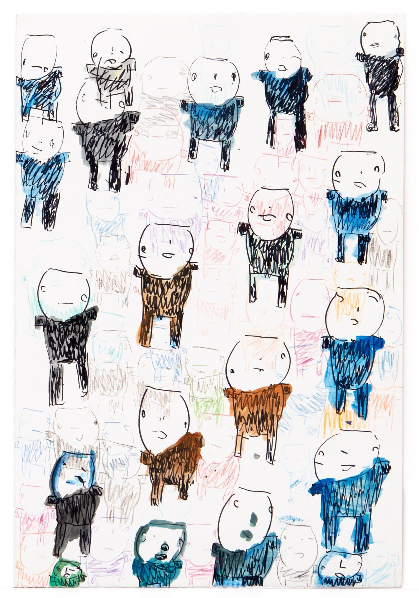 Ink drawing on paper showing multiple simplified human figures with round heads and basic body shapes in various colors