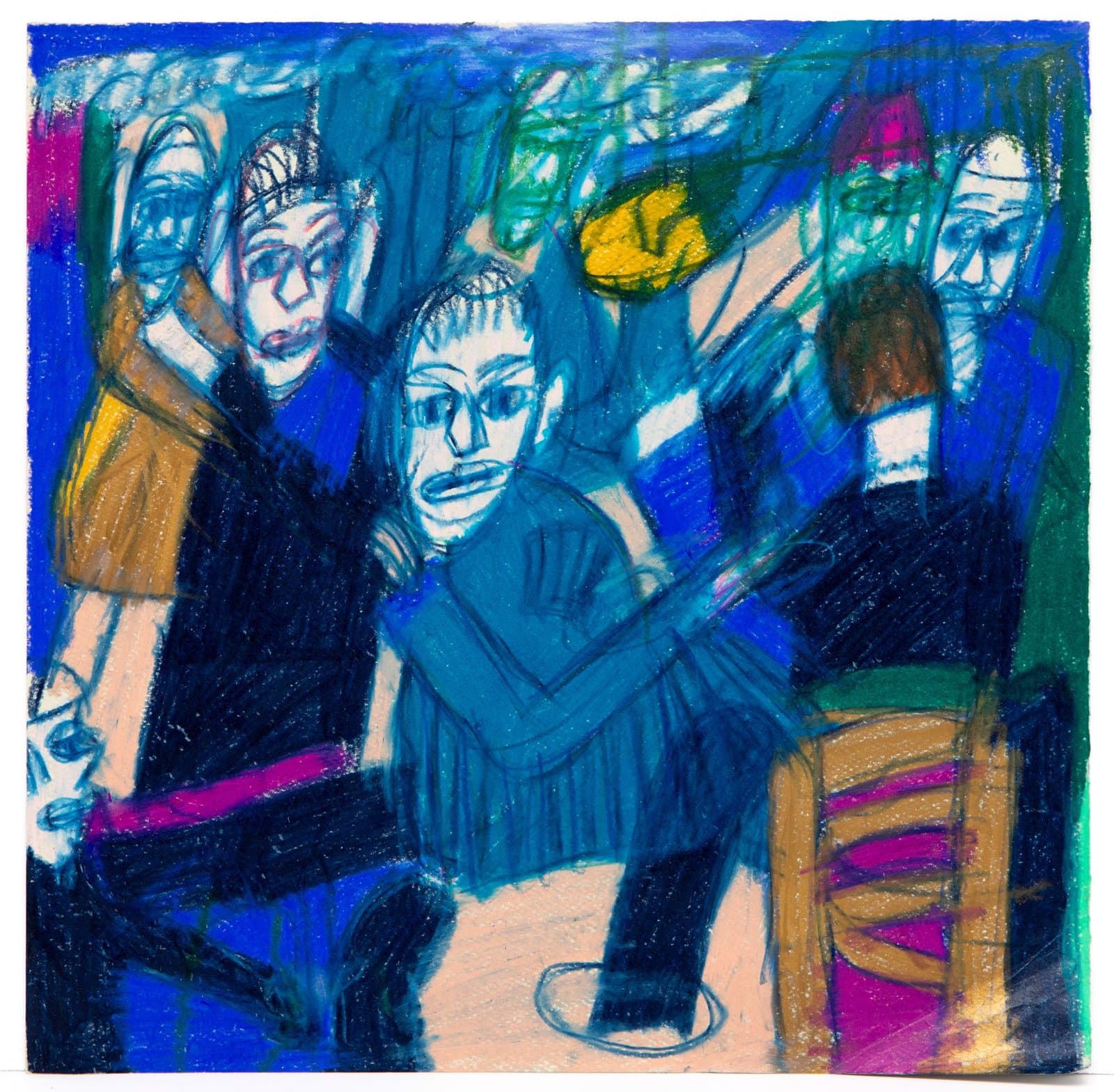 Figurative drawing in pastel showing multiple human figures in blue tones with brown and magenta accents on paper.