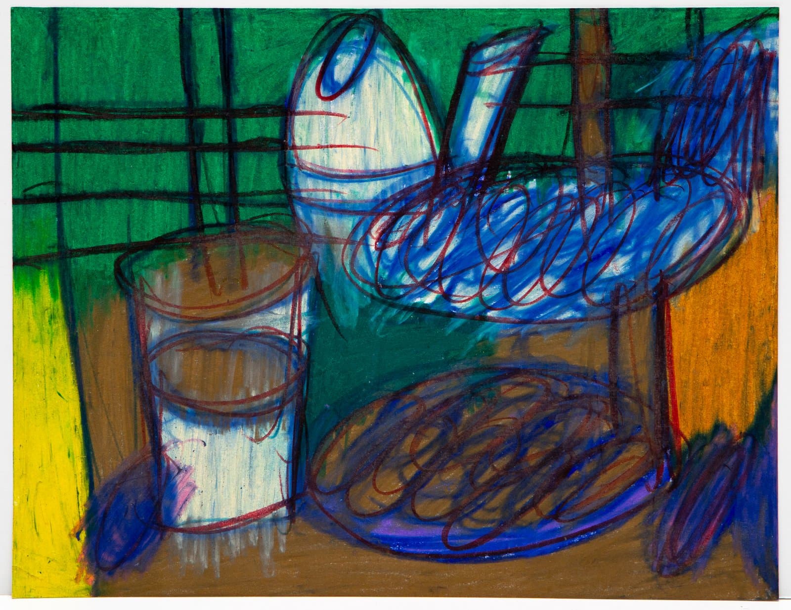 Still life drawing in Prismastix on paper featuring a glass, bowl, and bird form in blue, green, red, and brown.