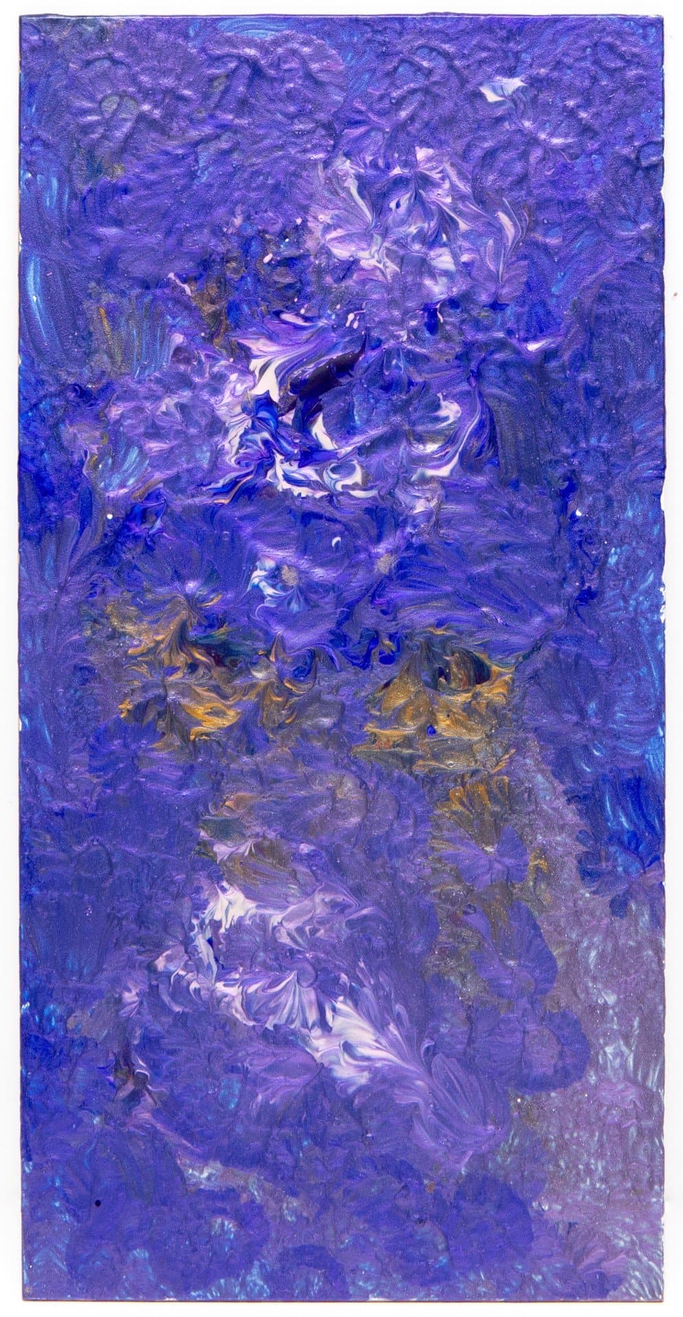 Abstract acrylic painting on wood with swirling brushstrokes in purple, blue, and white with gold accents.
