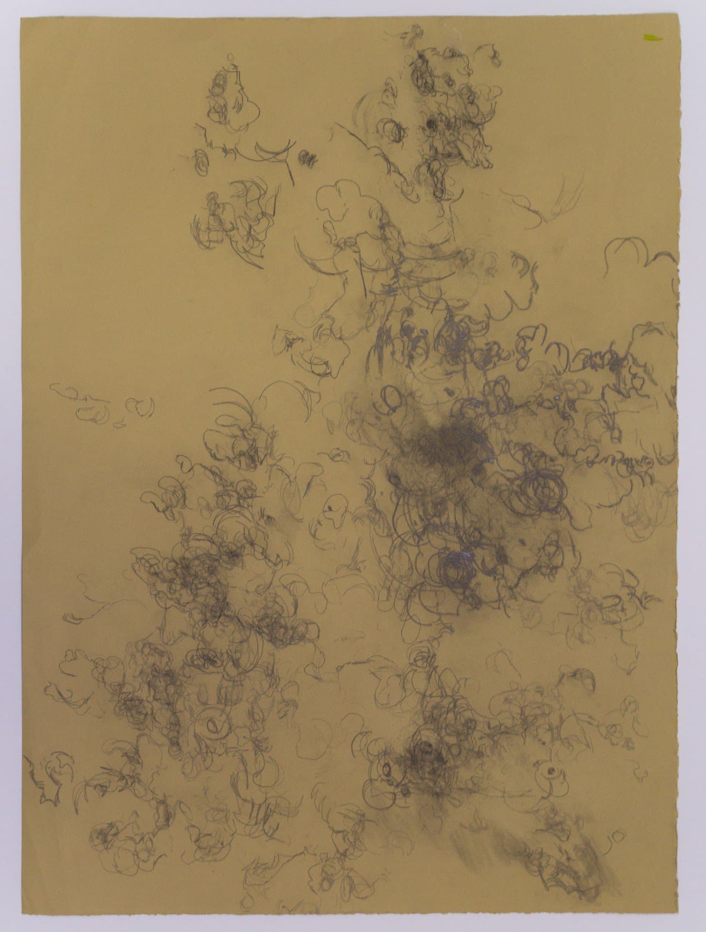 Drawing with organic circular forms and flowing lines in graphite and charcoal on tan paper