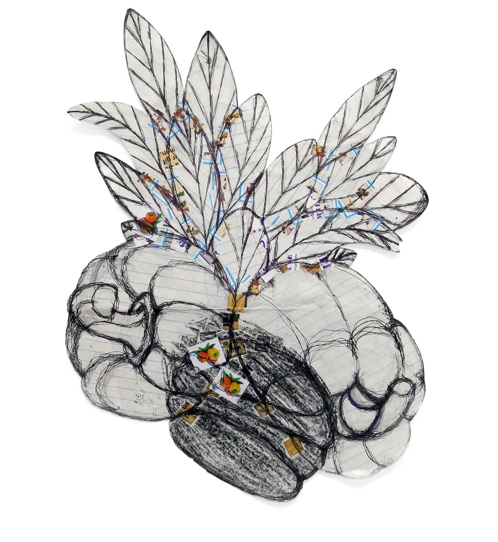 Mixed media drawing of hands holding a plant with translucent leaves sprouting from dark roots or bulb