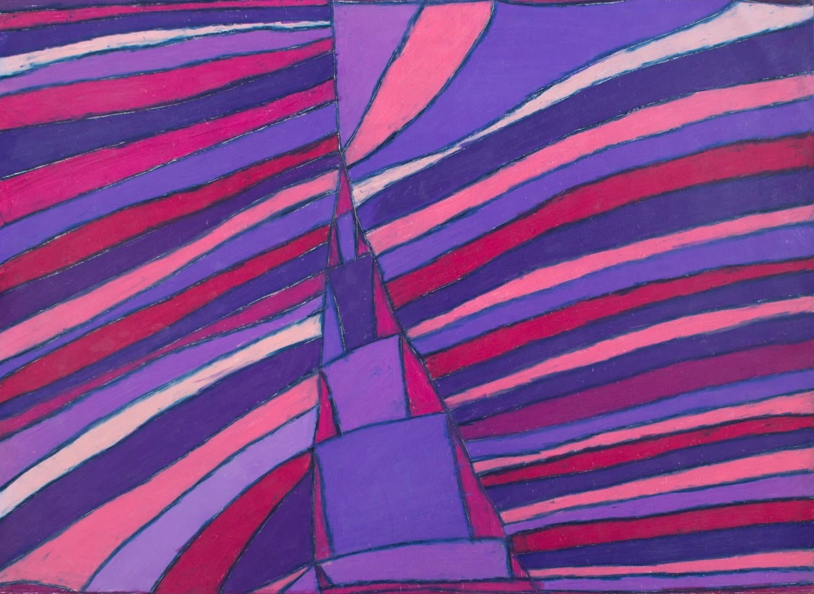 Abstract drawing in colored pencil with curved radiating stripes in purple and pink tones on white paper.