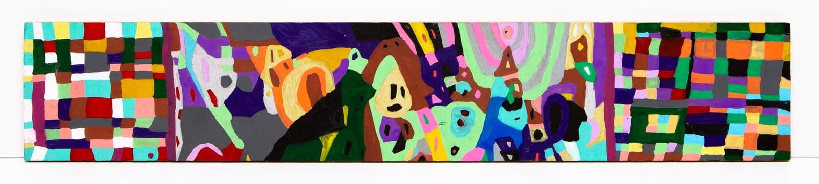 Horizontal mixed-media artwork with geometric grid patterns on ends and curved abstract forms in center on wood panel.