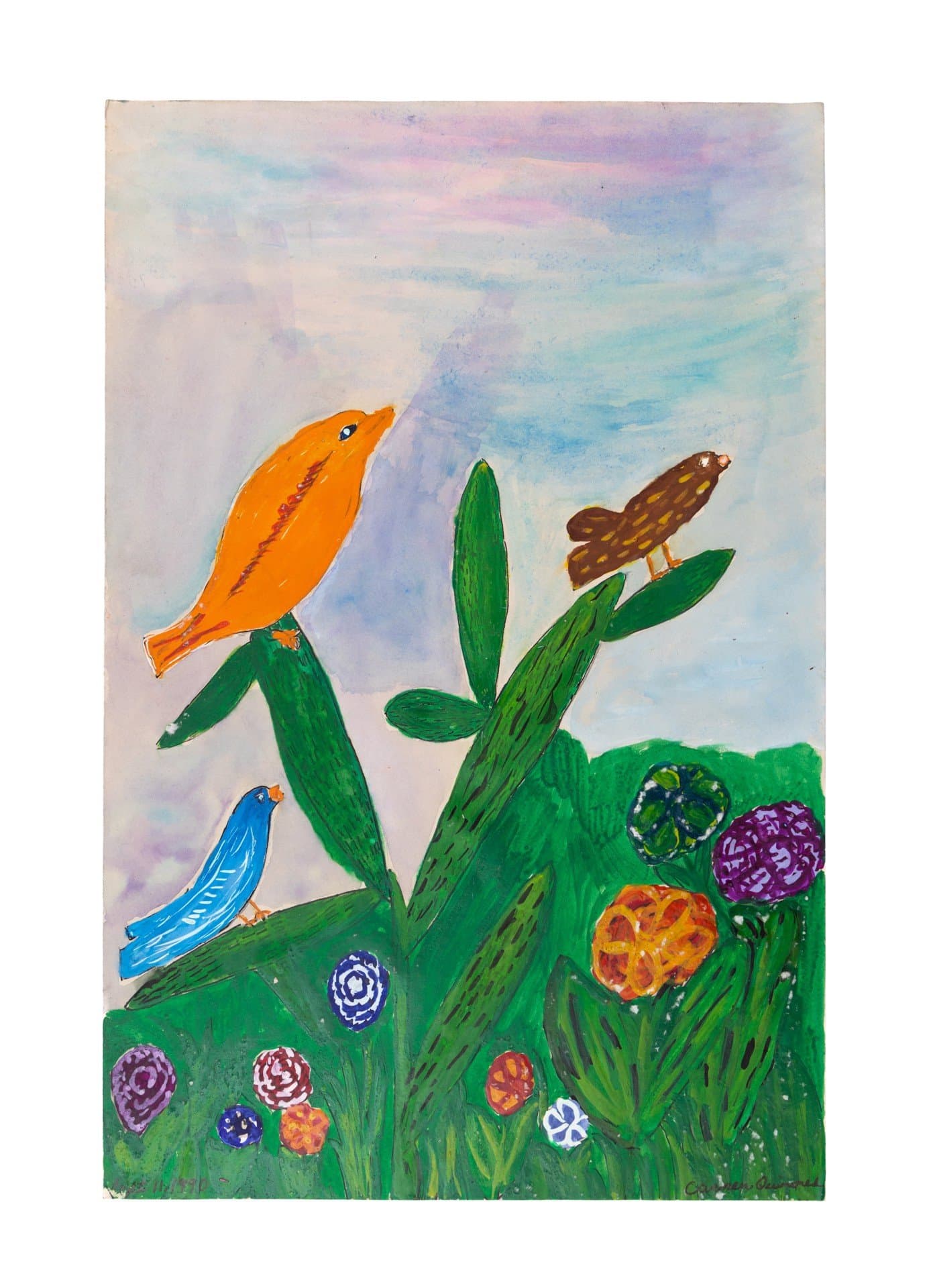 Acrylic painting on paper showing colorful birds perched on green plants with circular flowers against a cloudy sky