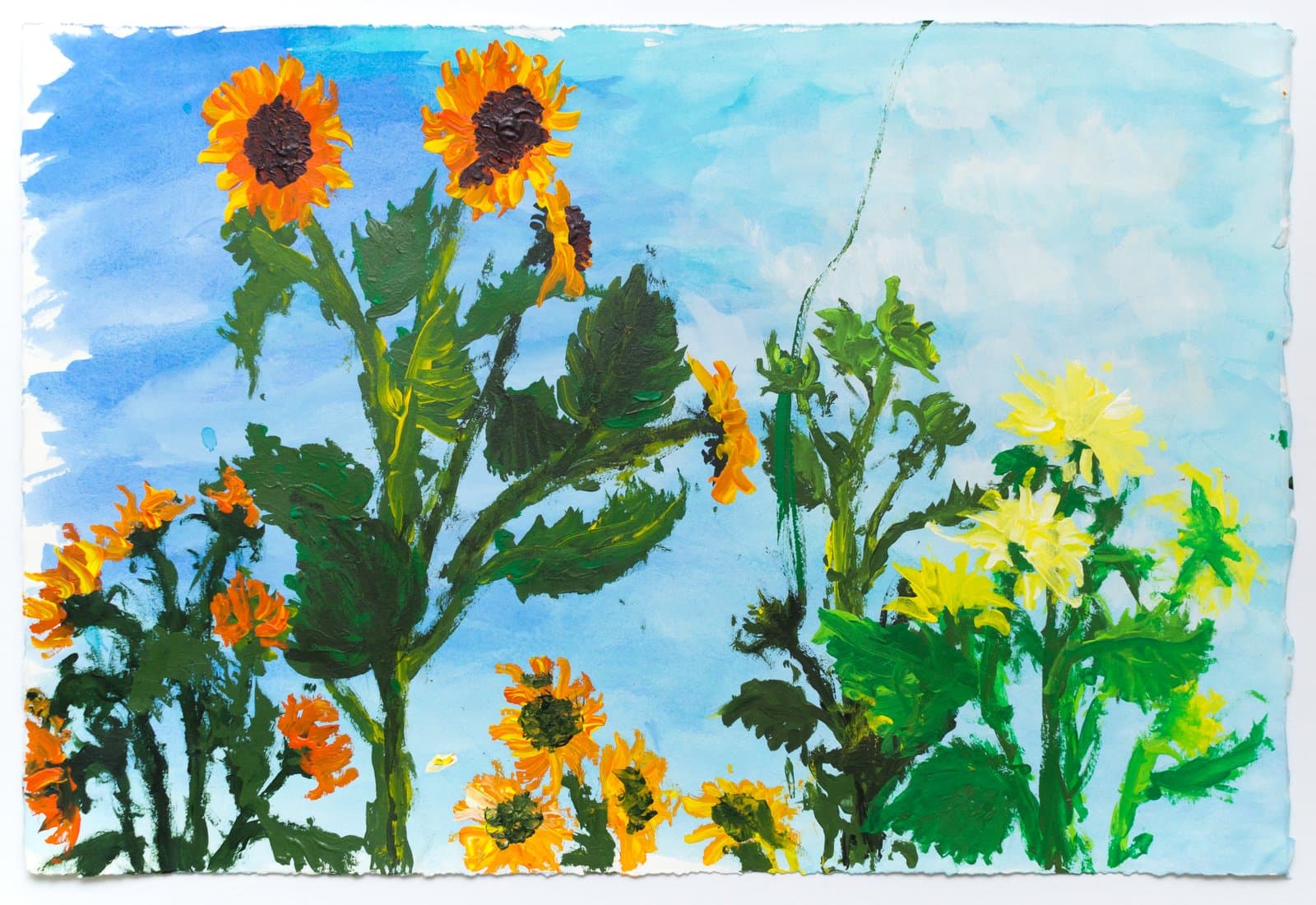 Painting of sunflowers and yellow blooms against a blue sky, in mixed media on paper with expressive brushwork.