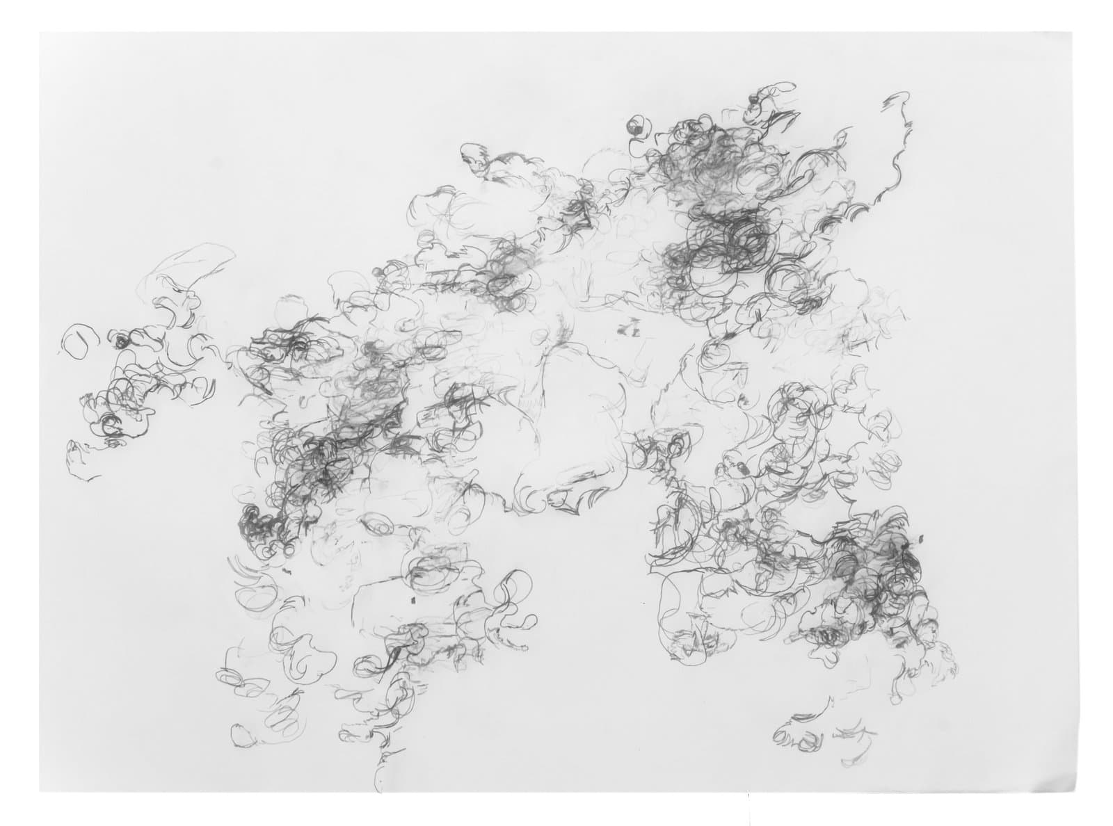 Abstract pencil drawing with loose, curling graphite marks forming cloud-like clusters across white paper.