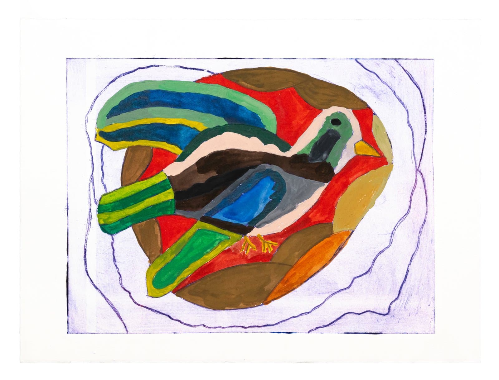 Mixed-media work depicting a bird-like form composed of bold, layered color patches in red, blue, green, brown, and yellow.