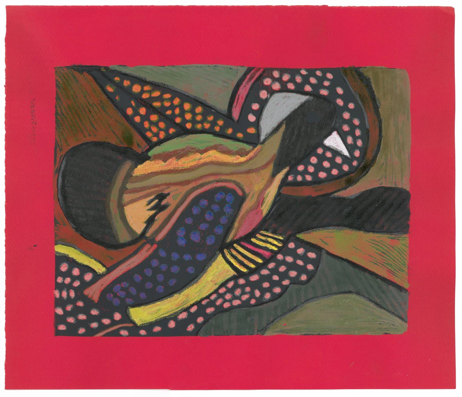 Abstract pastel drawing of a stylized bird in flight with dotted patterning on black, mounted on red paper.