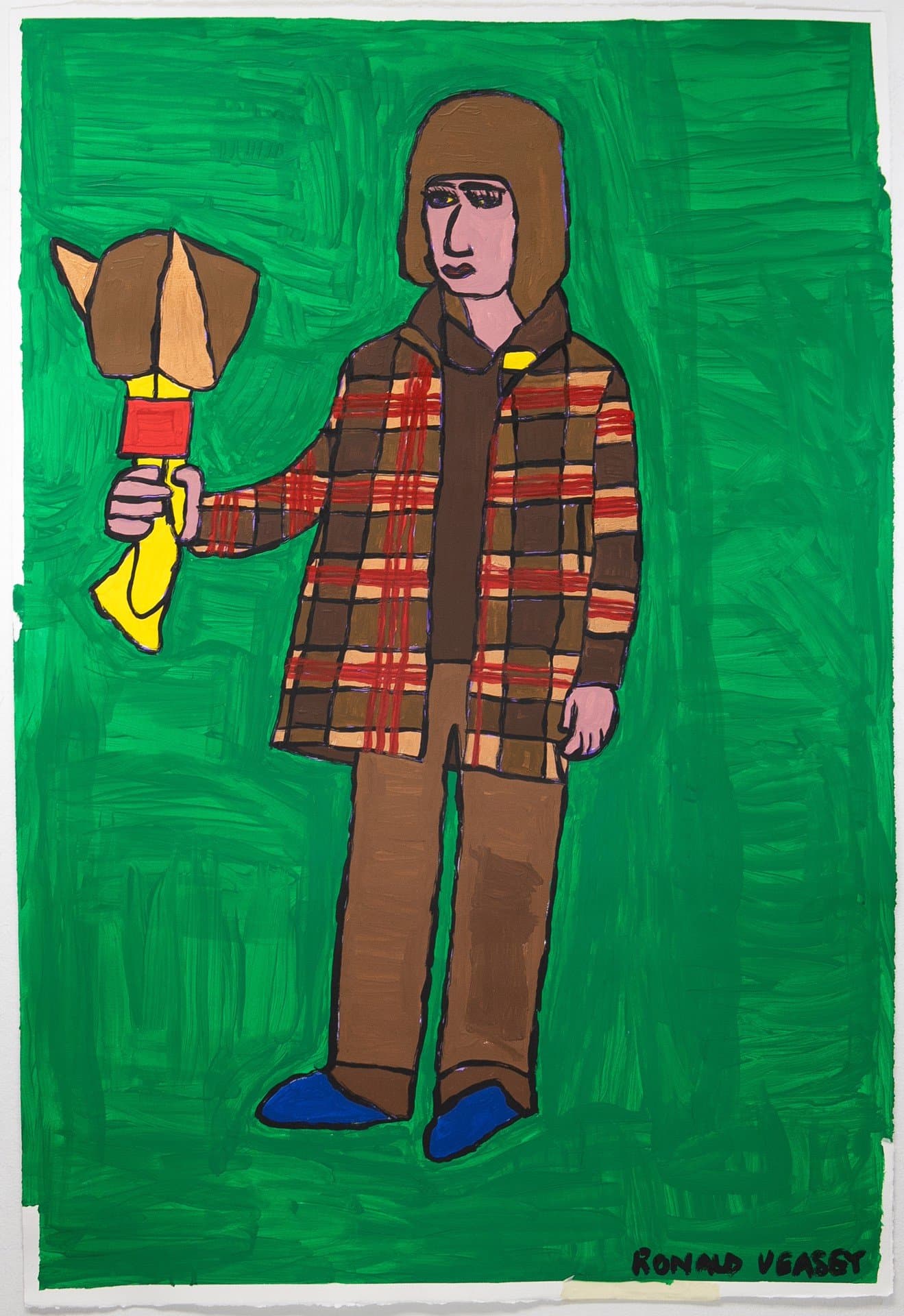 Acrylic painting of a figure in plaid jacket holding an axe against bright green background on paper.