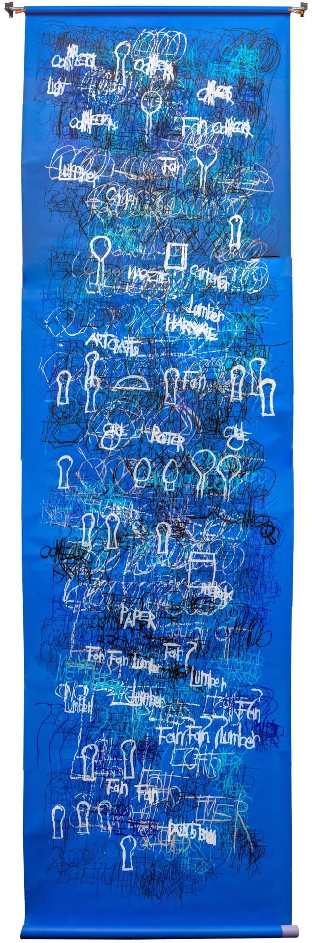 Vertical banner artwork on bright blue paper with white text and dense black scribbled marks covering the entire surface.