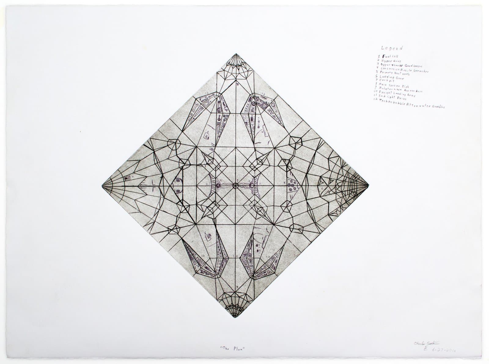 Detailed pen and ink drawing of a diamond-shaped geometric diagram with symmetrical angular forms and a handwritten legend on white paper.