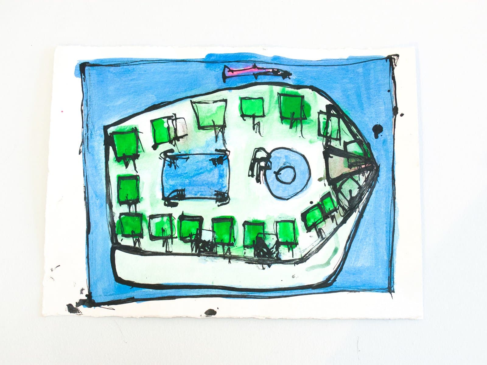 Mixed media drawing of a bird's-eye view of a building complex with green squares and a central pool, on blue background.