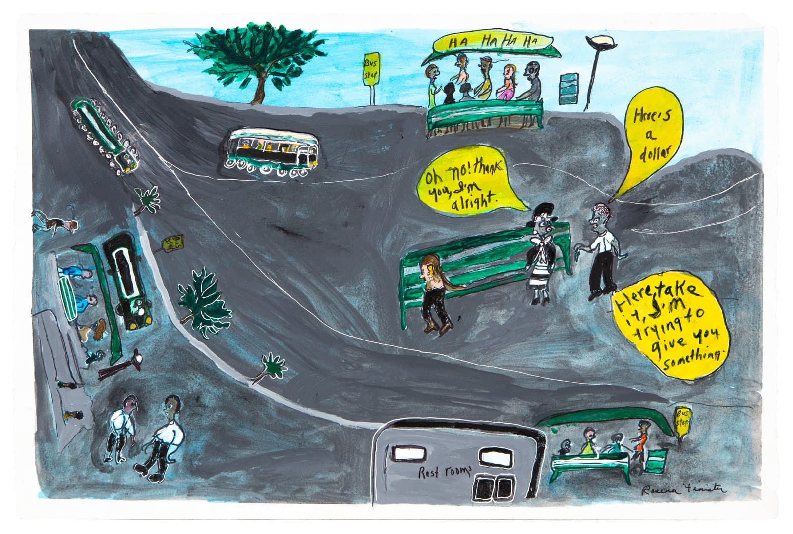 Acrylic on paper depicting a bird's-eye street scene with buses, figures at bus stops, and yellow speech bubbles with handwritten text.