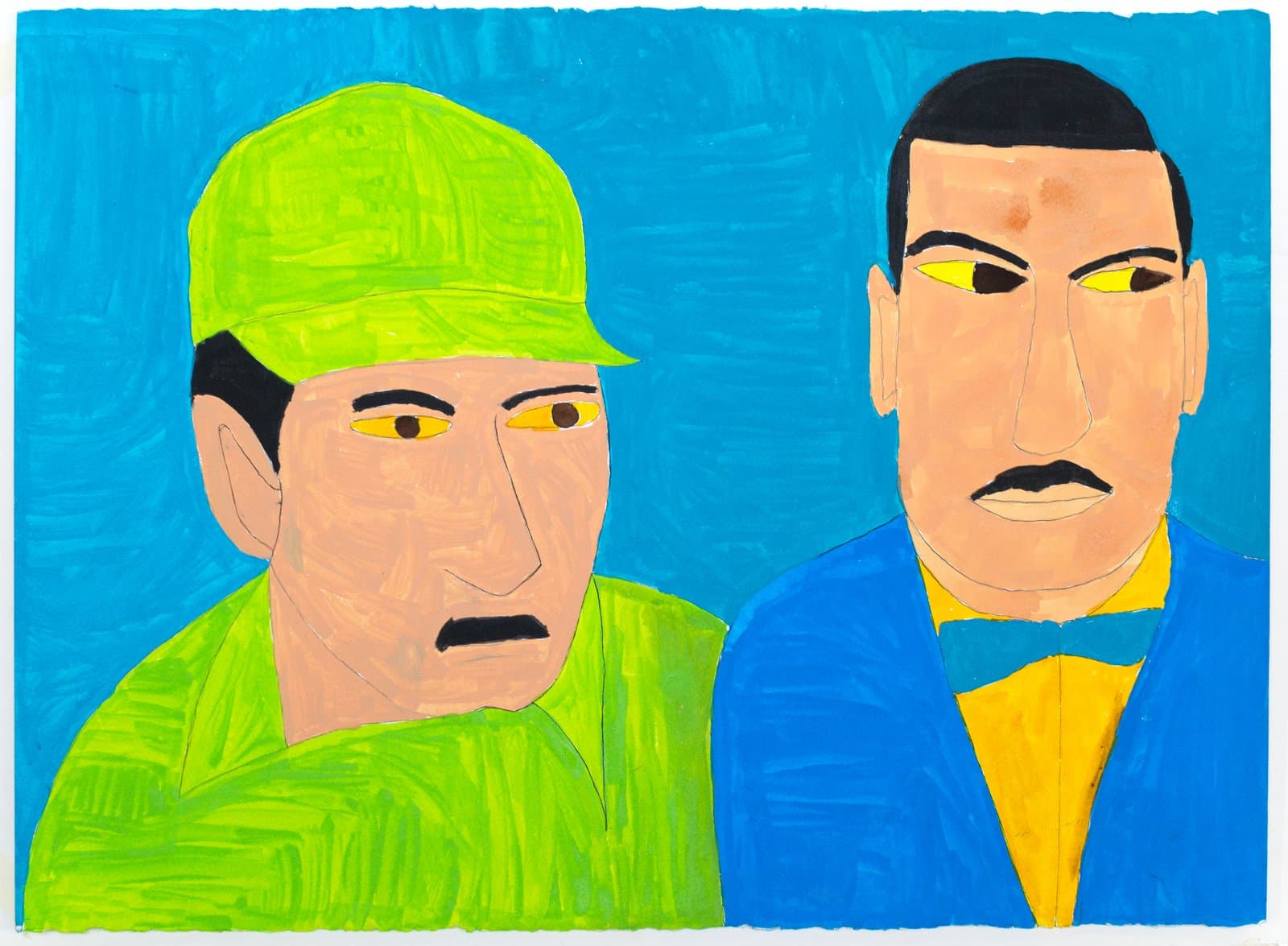 Acrylic and ink painting of two men with yellow eyes against a bright blue background, one in green, one in blue.