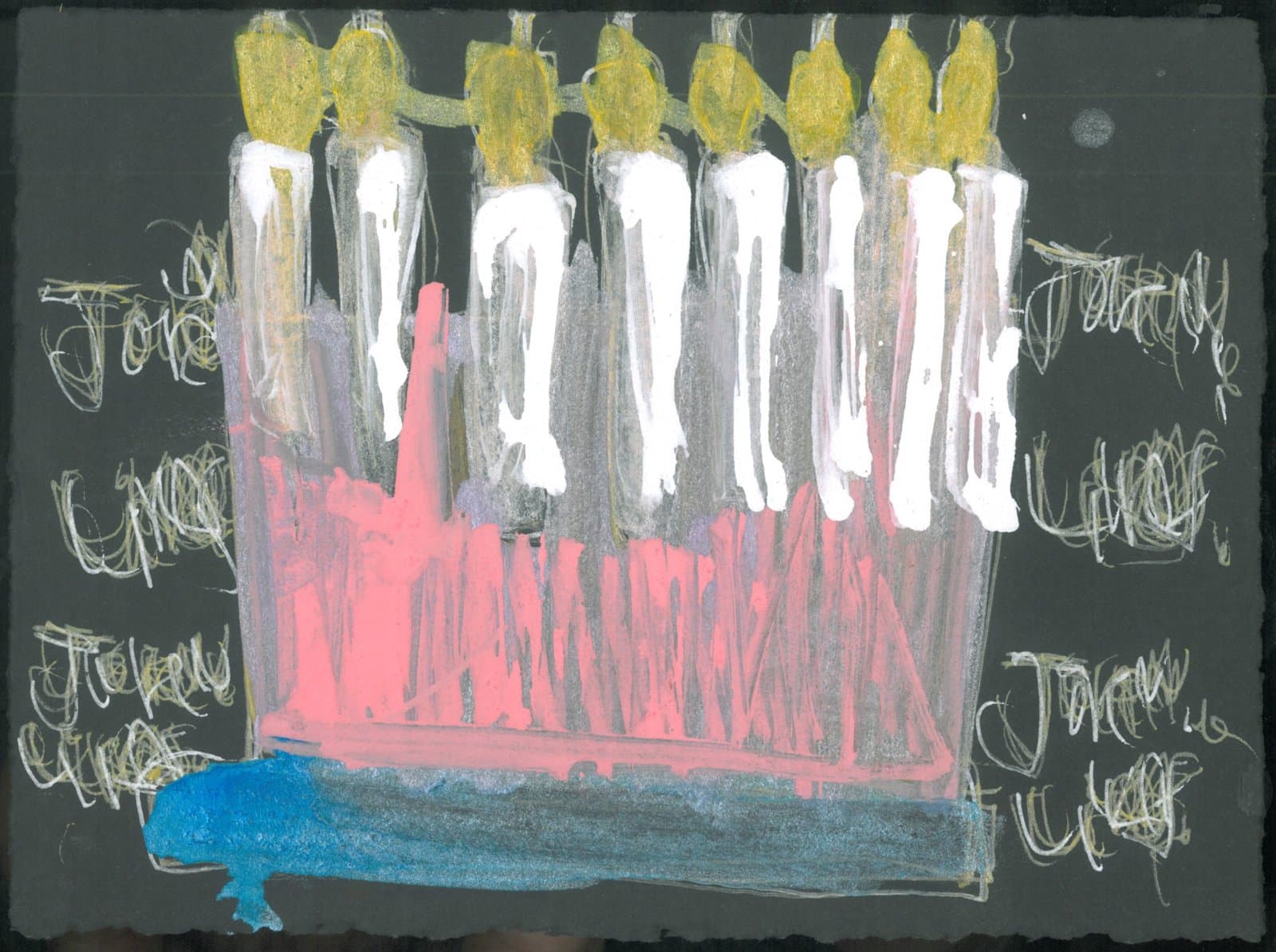 Mixed media drawing of birthday candles with yellow flames on white candles above red dripping wax on dark background