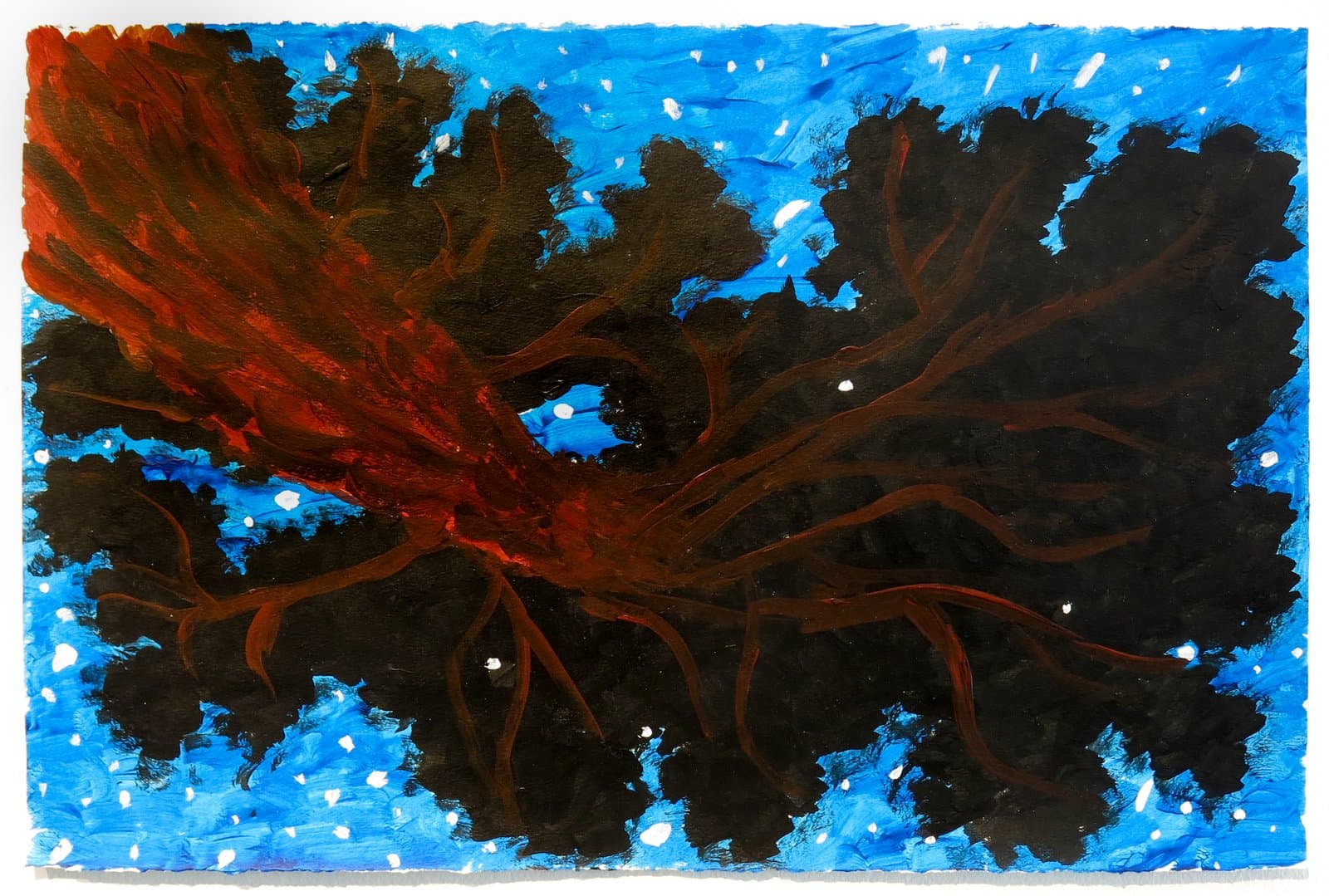 Acrylic painting on paper featuring a dark branching form with red-orange accents against a bright blue background with white dots.