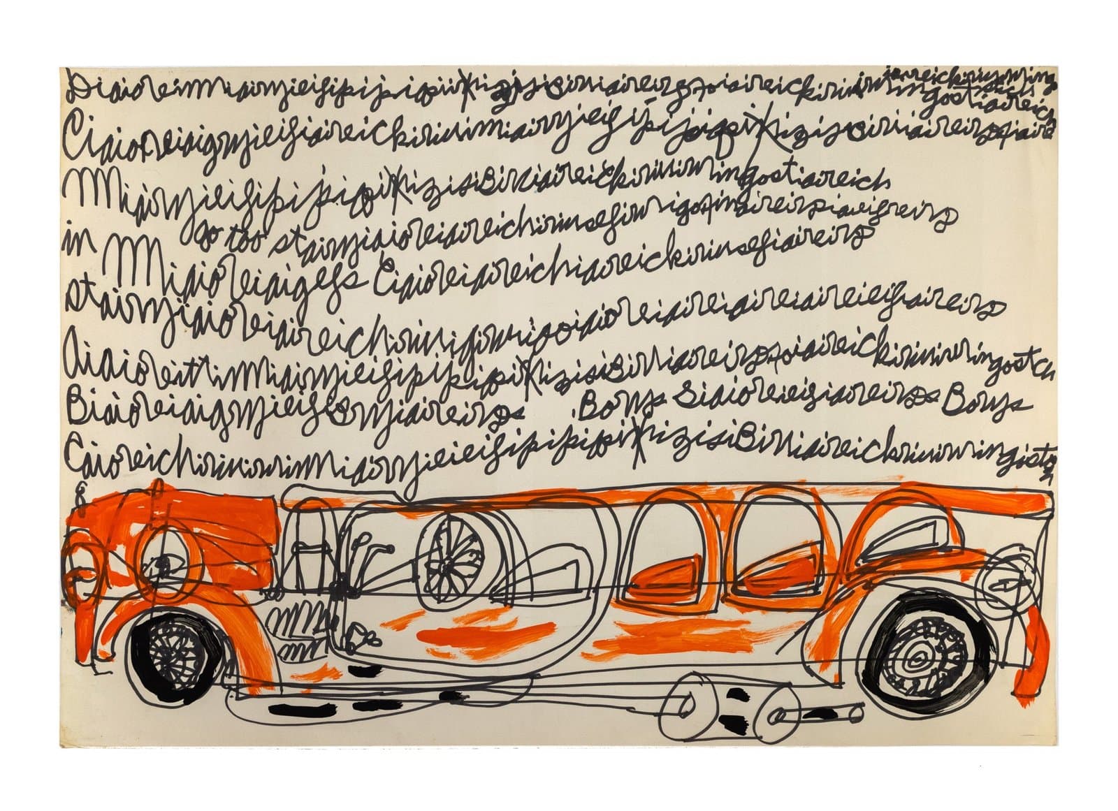 Drawing on paper with handwritten text above and orange and black ink illustration of a bus below