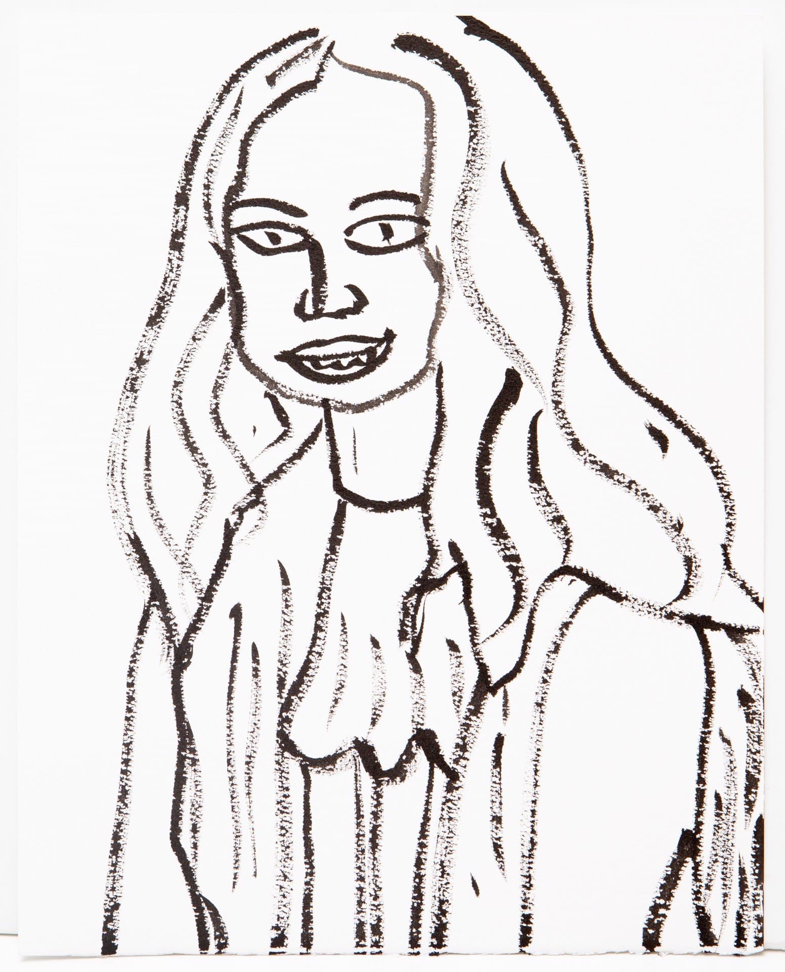 Ink drawing on paper showing portrait of figure with long wavy hair and gentle smile, executed in loose linear style