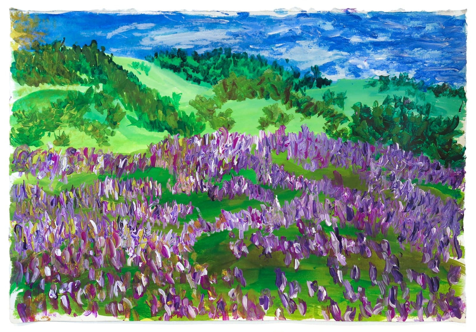 Landscape painting in acrylic or gouache depicting a field of purple wildflowers with green hills and blue sky beyond.