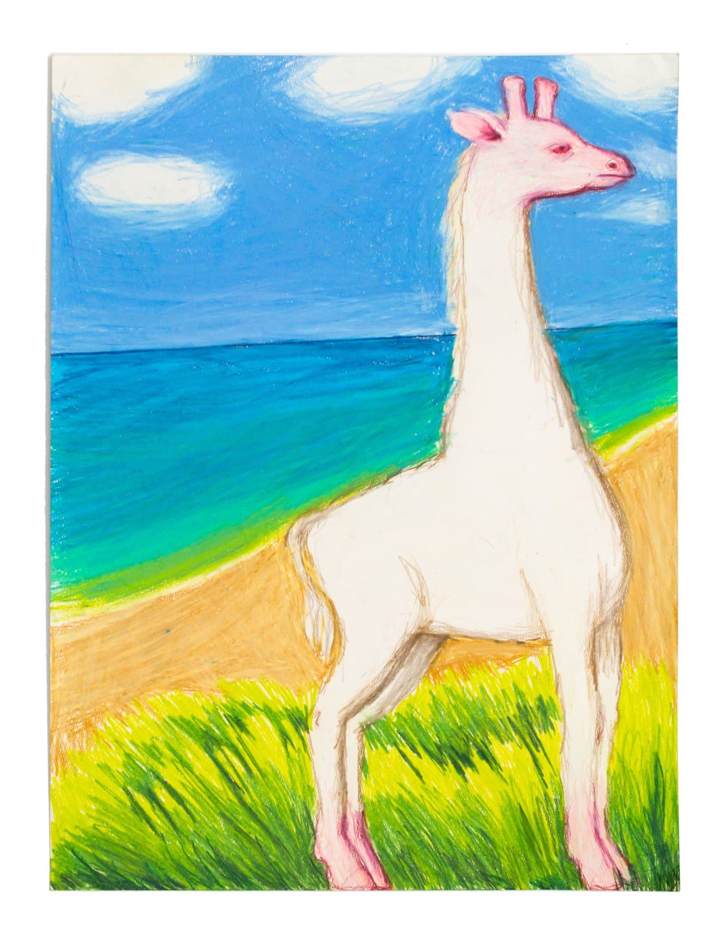 Pastel drawing of a white giraffe standing in a landscape with blue sky, green ocean, and sandy beach.