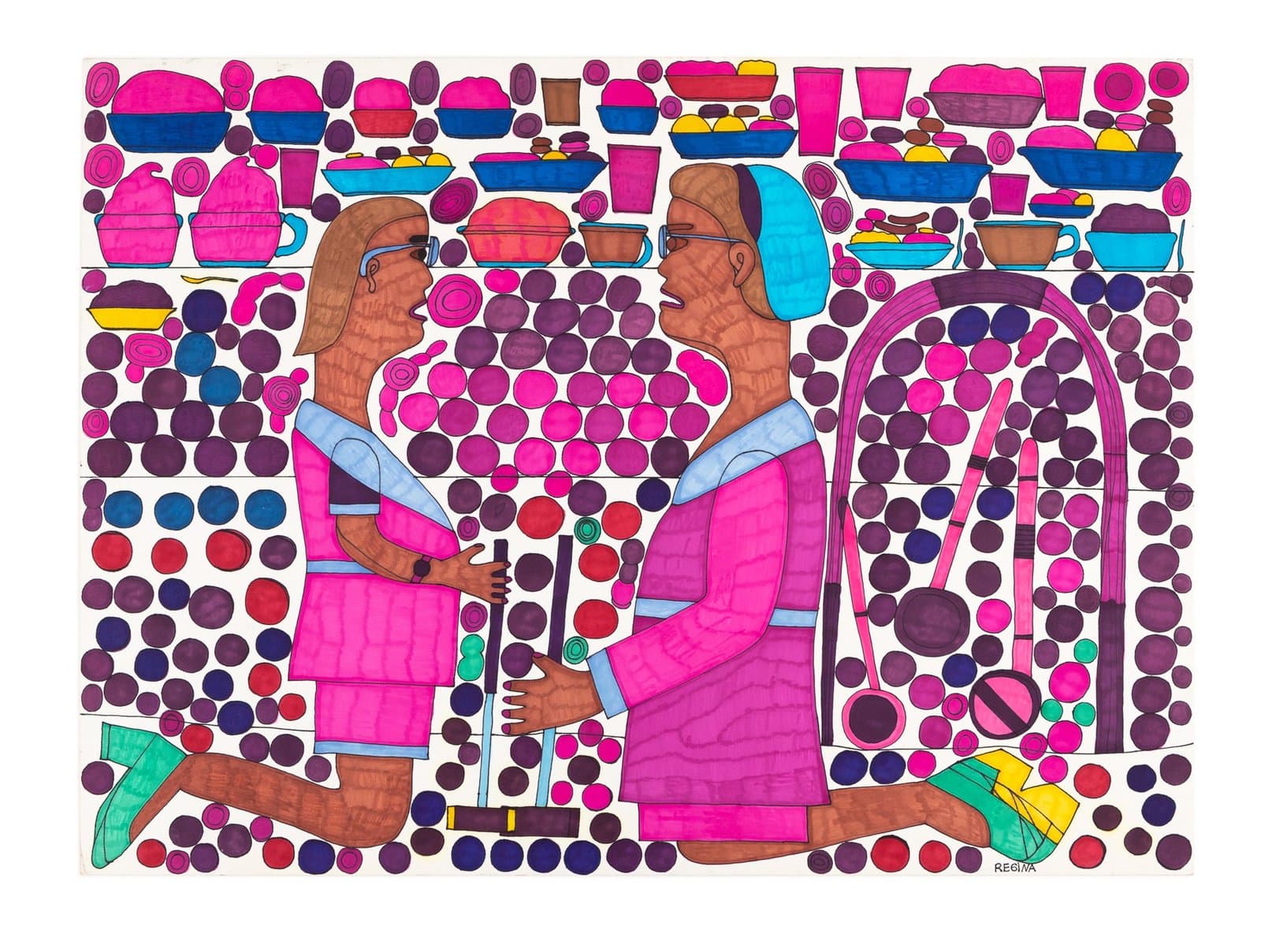 Colorful ink drawing of two figures in pink clothing surrounded by geometric patterns and circular shapes