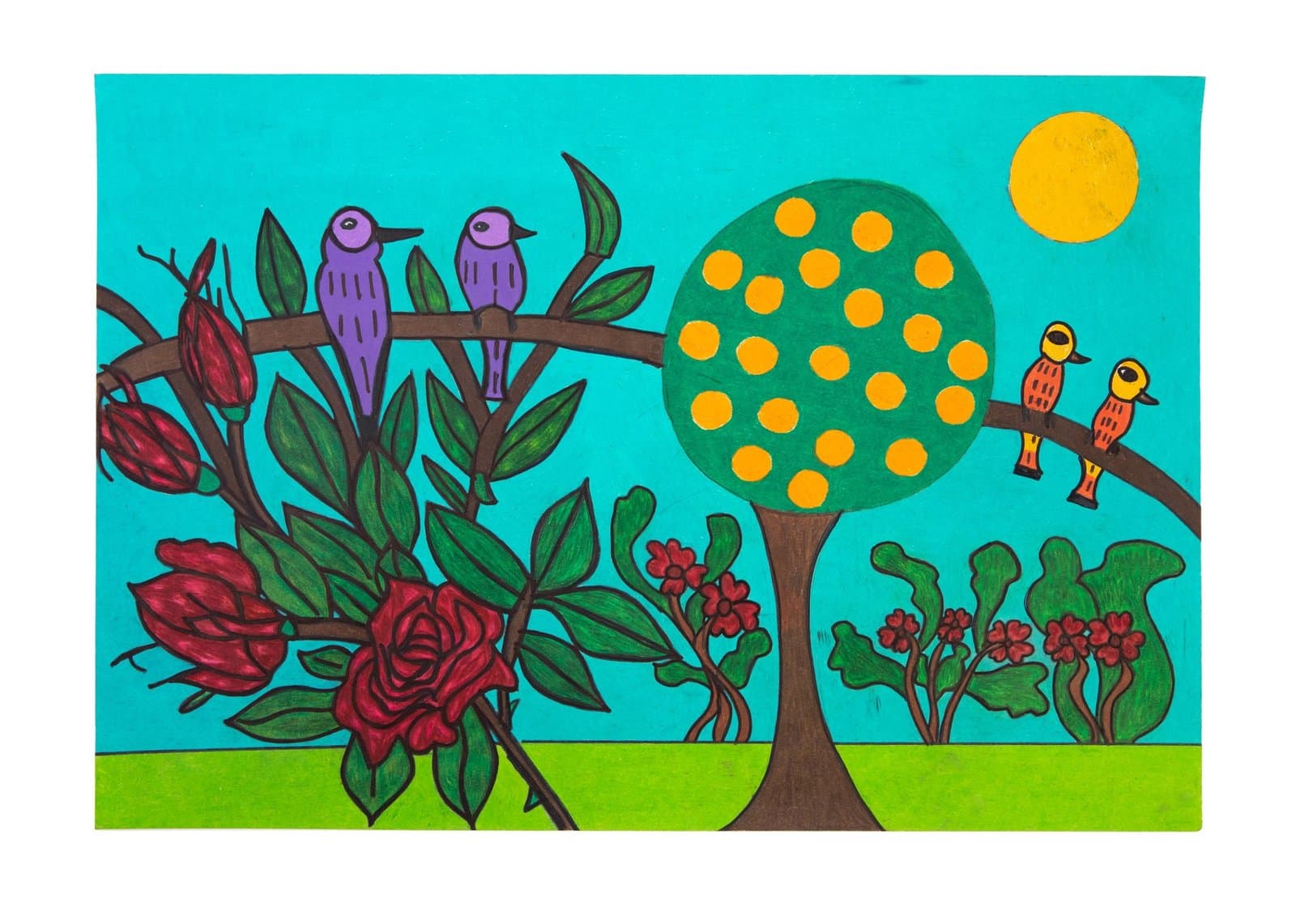 Colorful drawing of birds perched on tree branches with flowers, featuring a green tree with orange dots against turquoise sky.