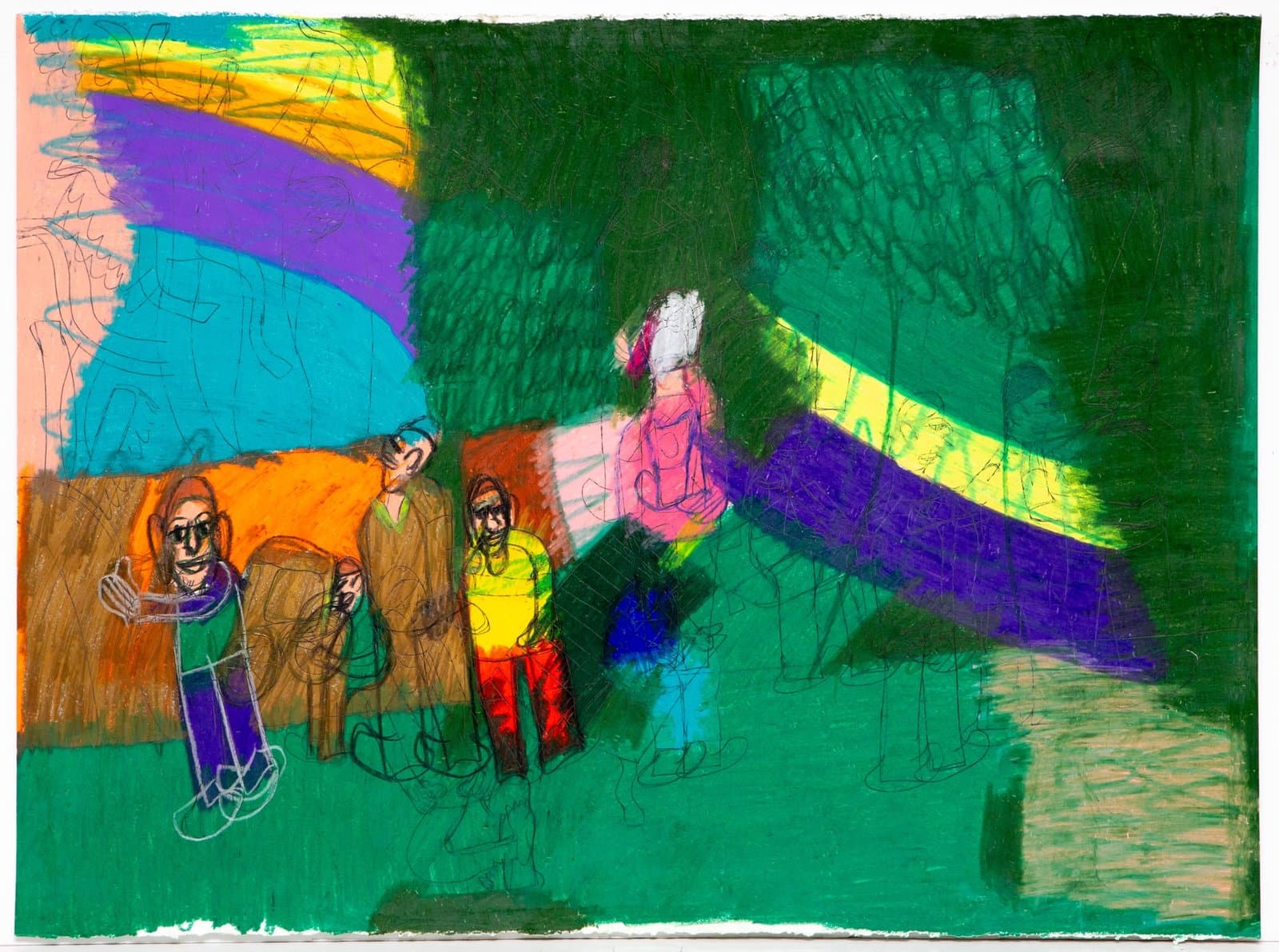 Mixed media drawing with human figures and bold geometric color fields in green, purple, orange, and yellow on paper.
