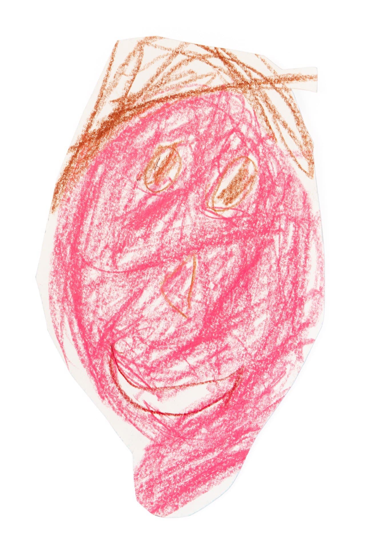Portrait drawing in pink and brown art stix showing a face with hair on white paper cutout.
