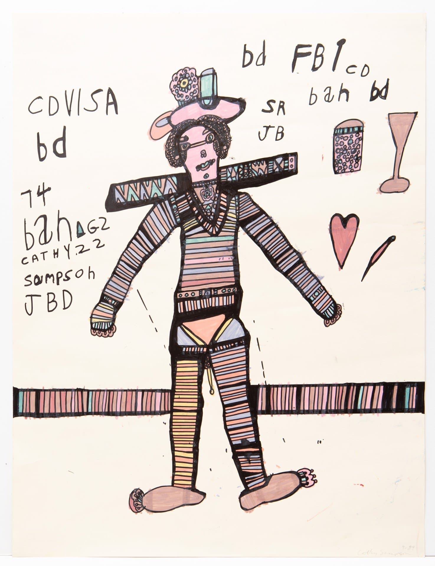 Mixed media drawing of a figure in striped clothing with text annotations and symbols scattered around