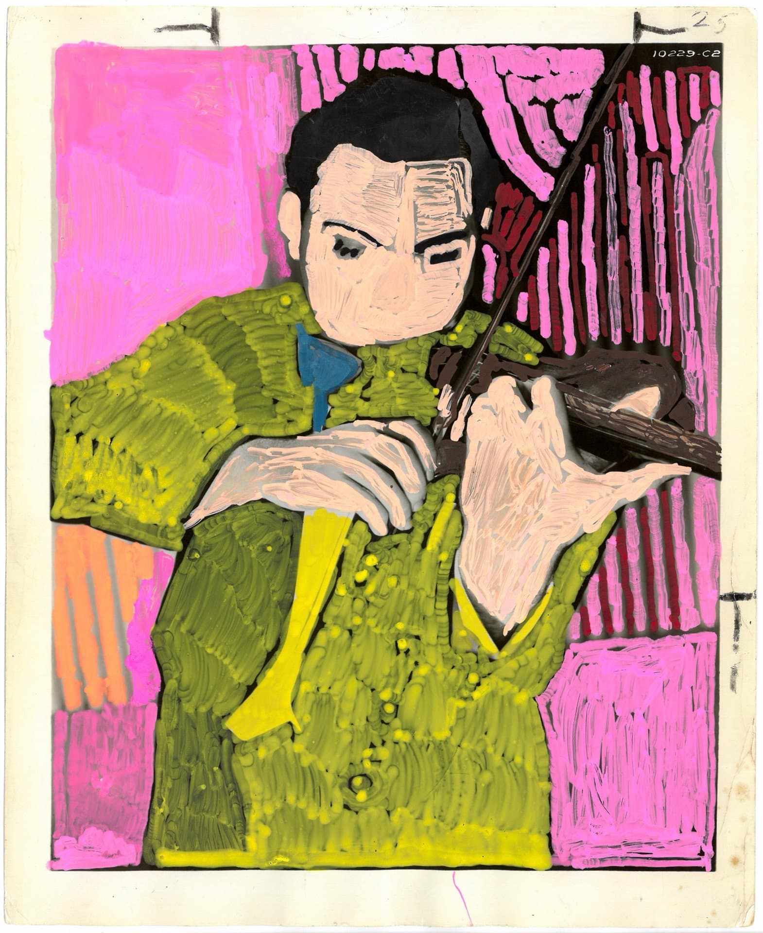 Mixed media artwork showing figure in green sweater holding rifle, painted over photograph with bright pink and yellow