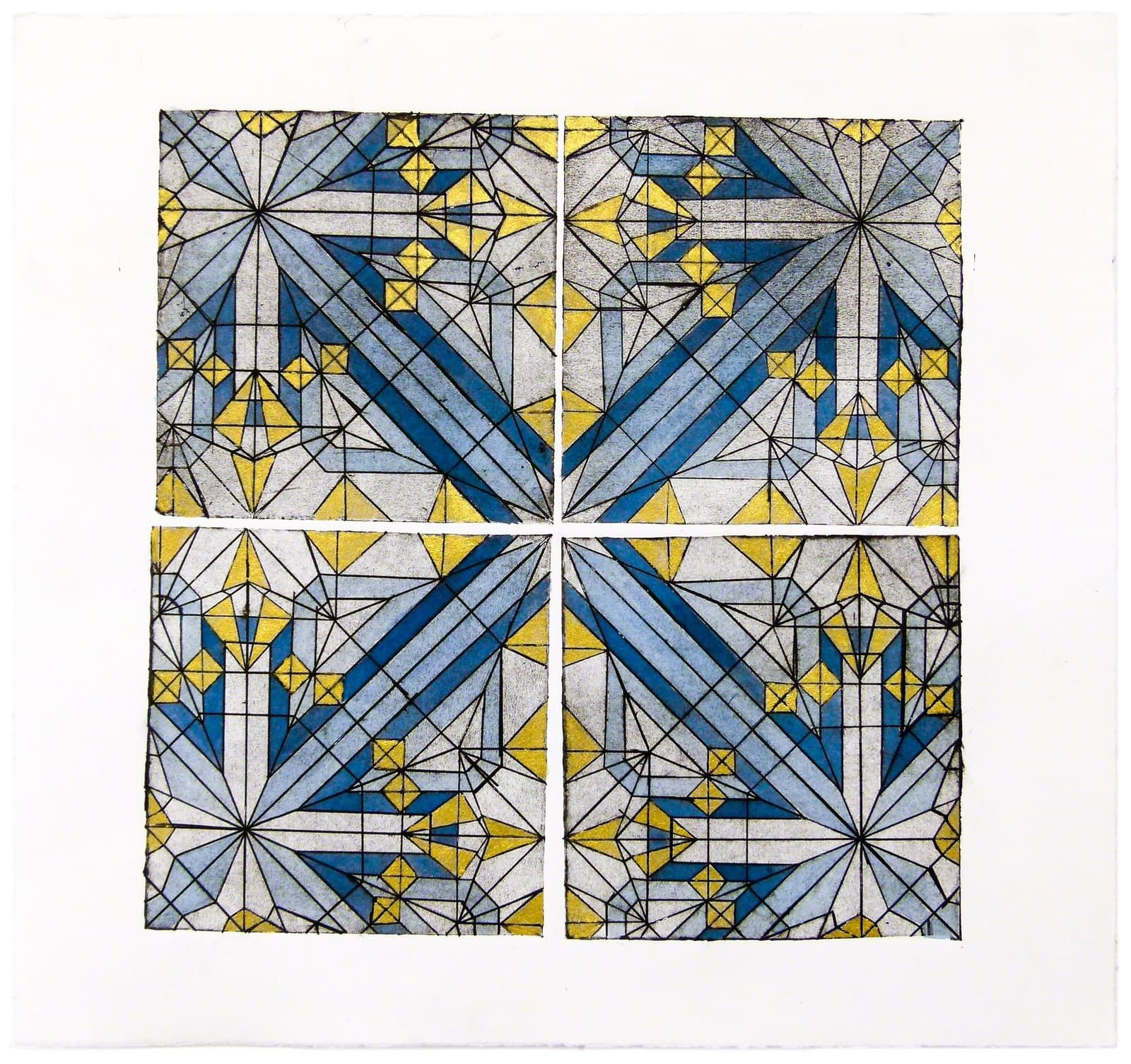 Geometric drawing with symmetrical patterns in blue, yellow, and gray featuring radiating lines and diamond shapes